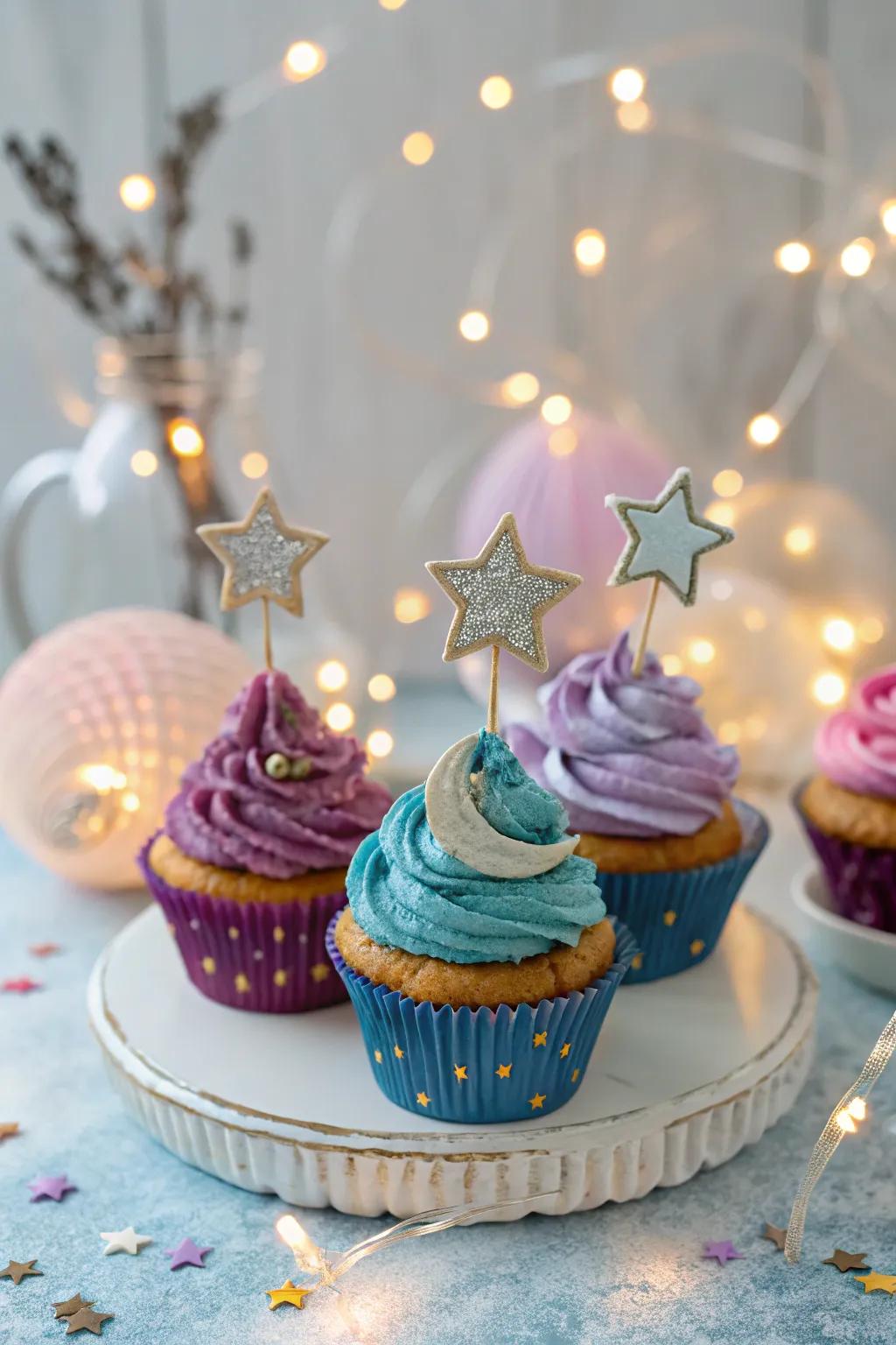 Space-themed cupcakes for a galactic baby shower experience.