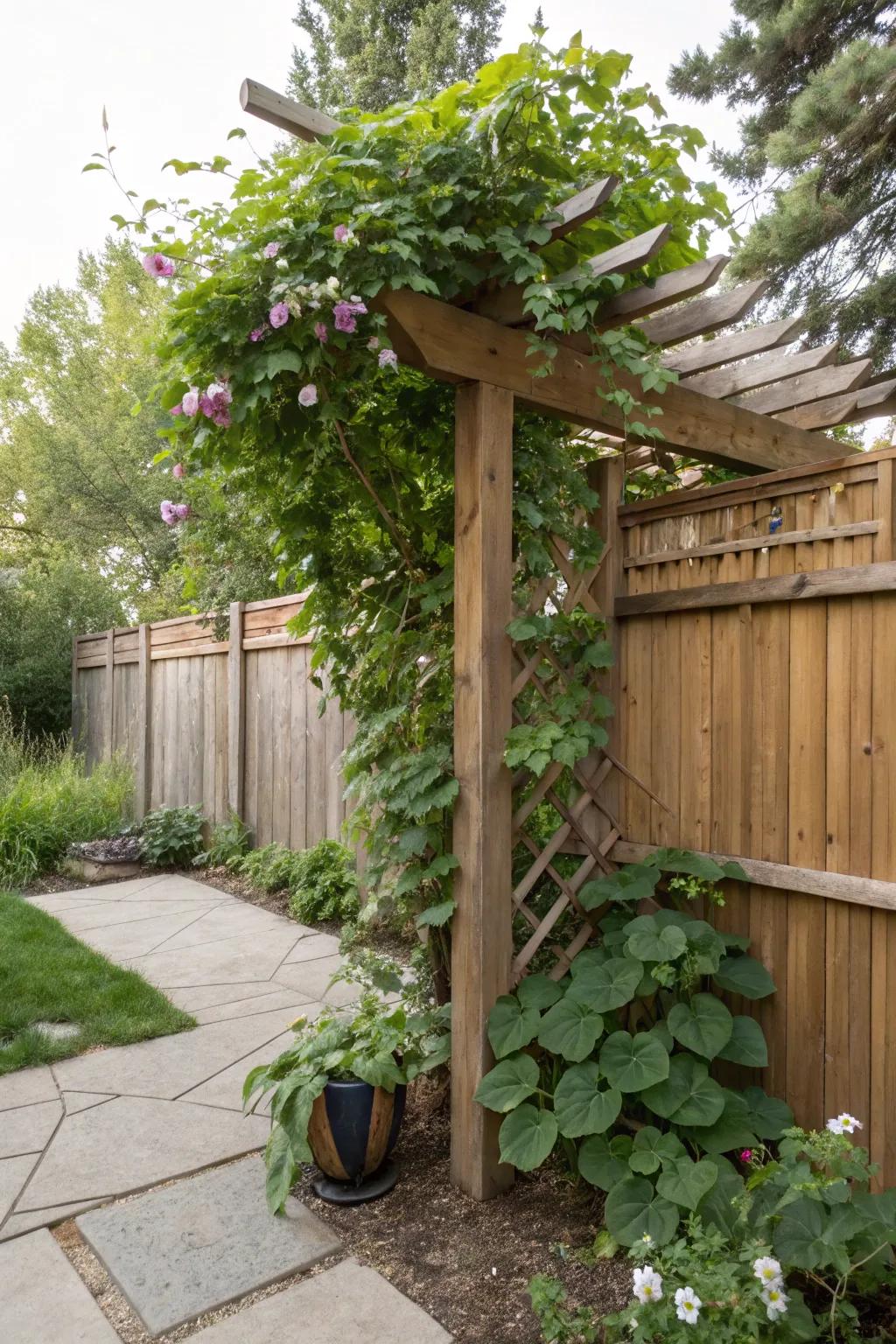 A wooden trellis offers support and visual interest.