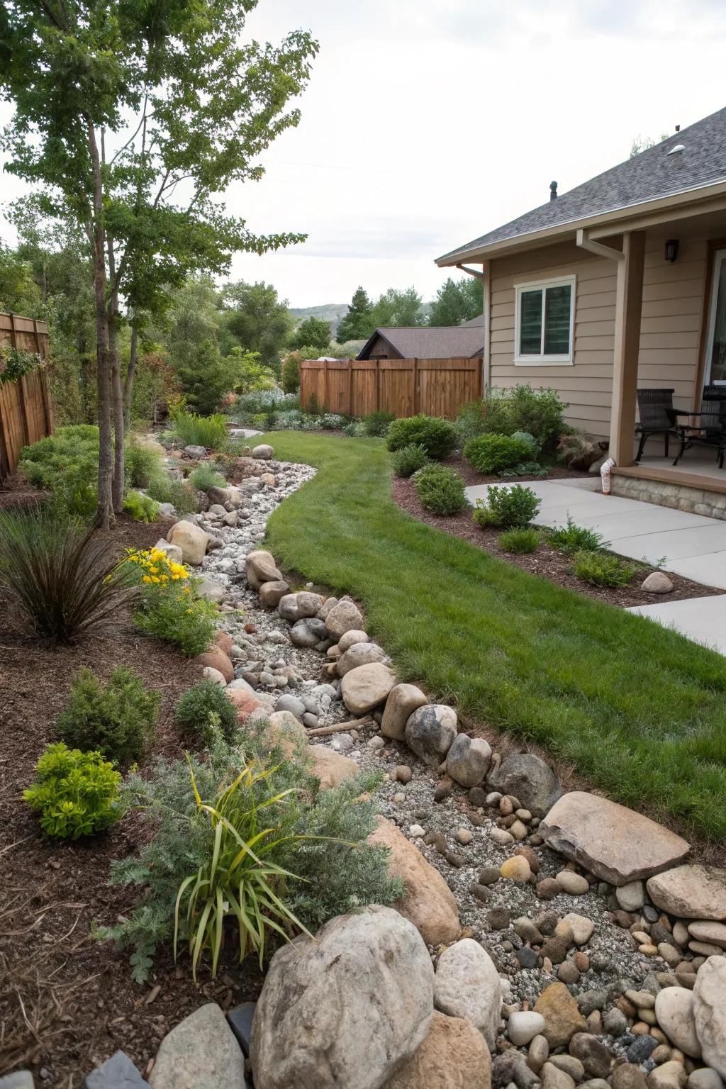 A dry creek bed adding charm and functionality to a backyard.