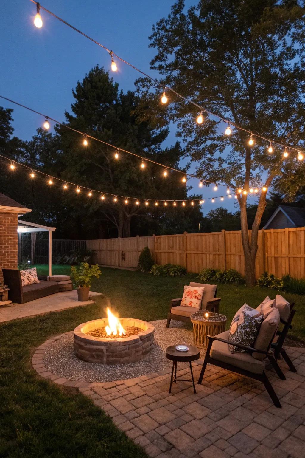 String lights add a magical ambiance to your fire pit area.