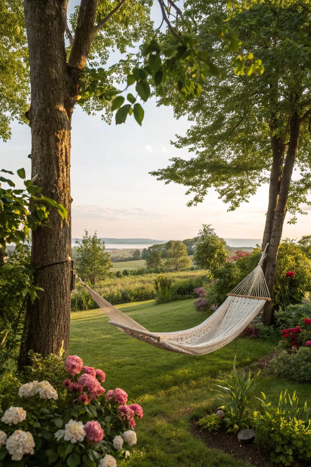 A hammock between trees offers a perfect spot for relaxation.