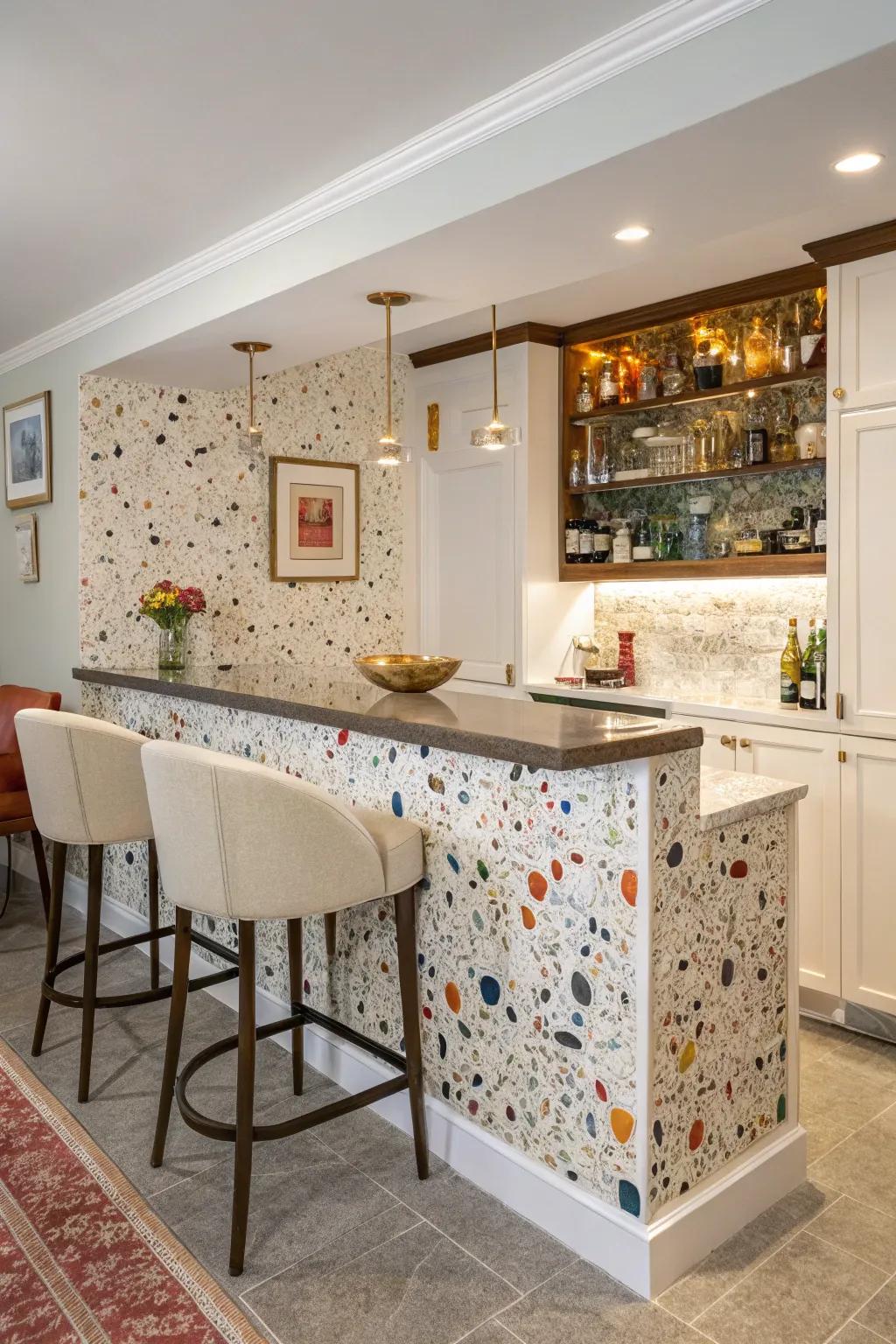 A home bar with a terrazzo tile backsplash in colorful speckled patterns.