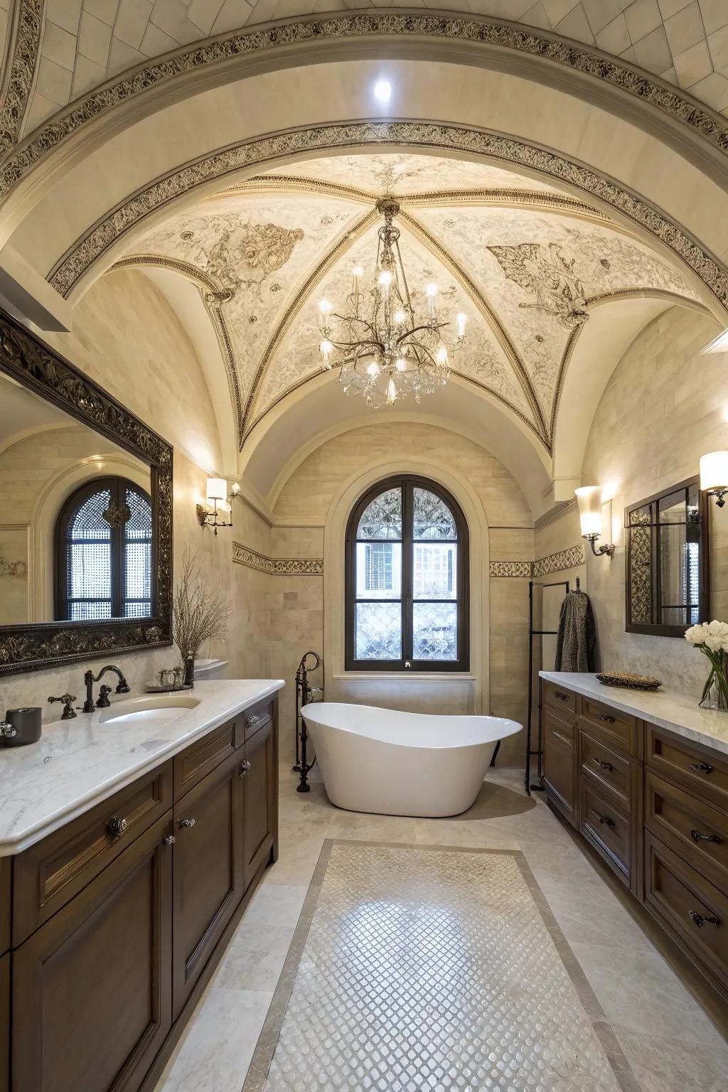 An elegant bathroom with a vaulted barrel ceiling for added luxury.