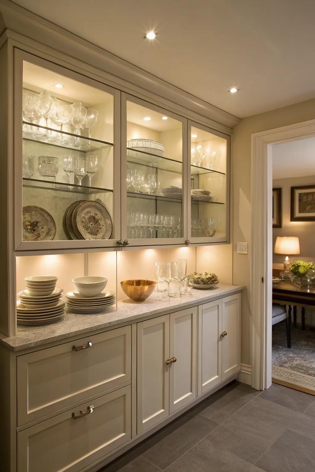 Glass front cabinets add elegance and openness to your space.