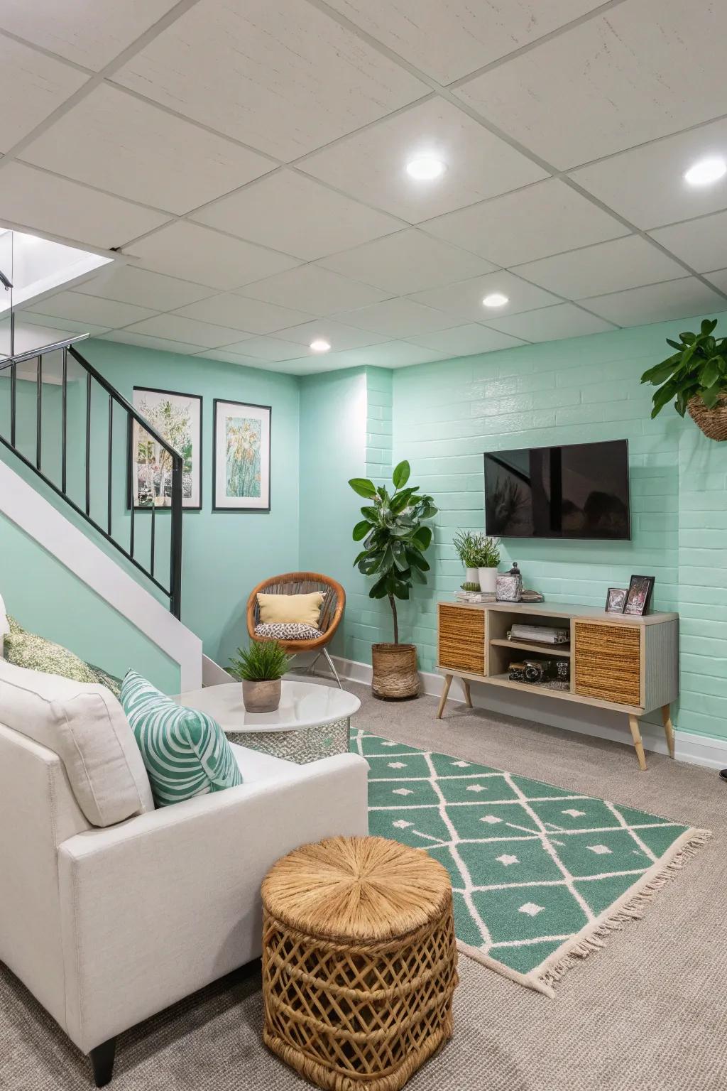 Cool mint walls refresh and invigorate this bright basement.