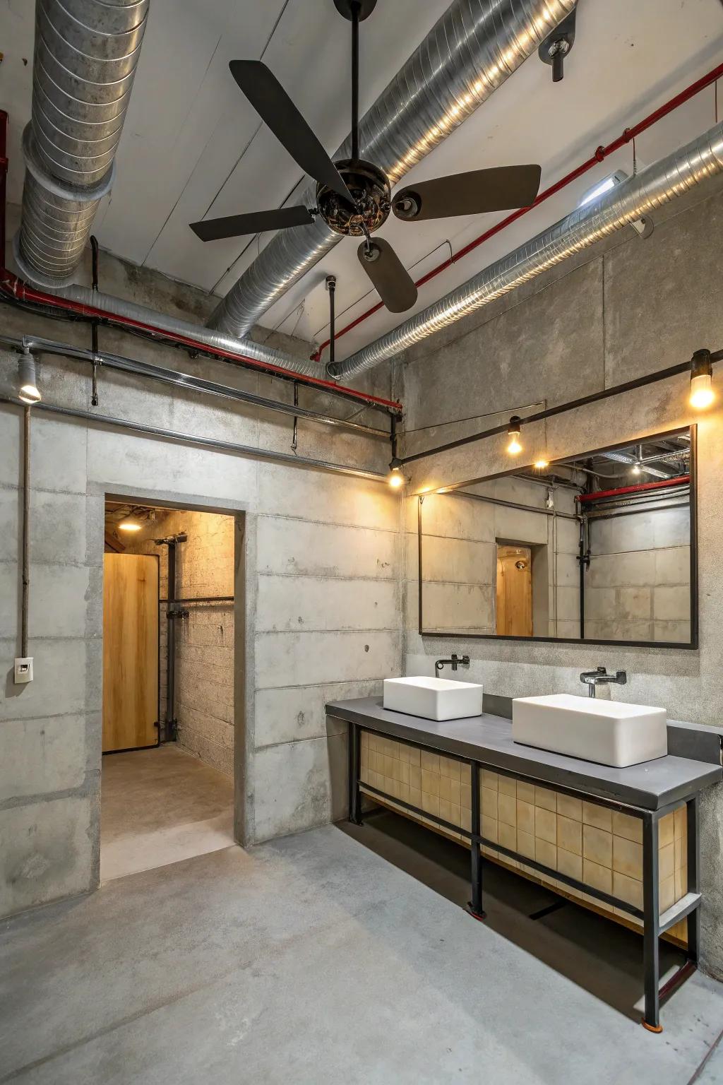 An industrial-style bathroom with a ceiling fan featuring metal elements.