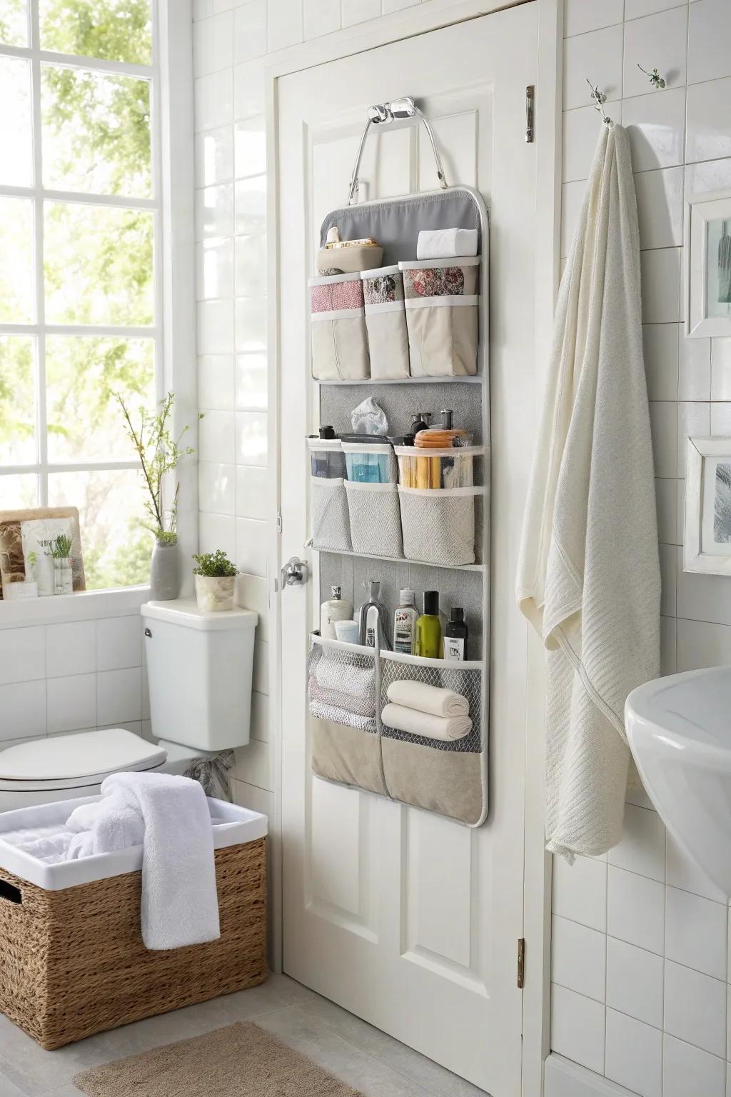 Over-the-door organizer maximizing unused space in the bathroom.