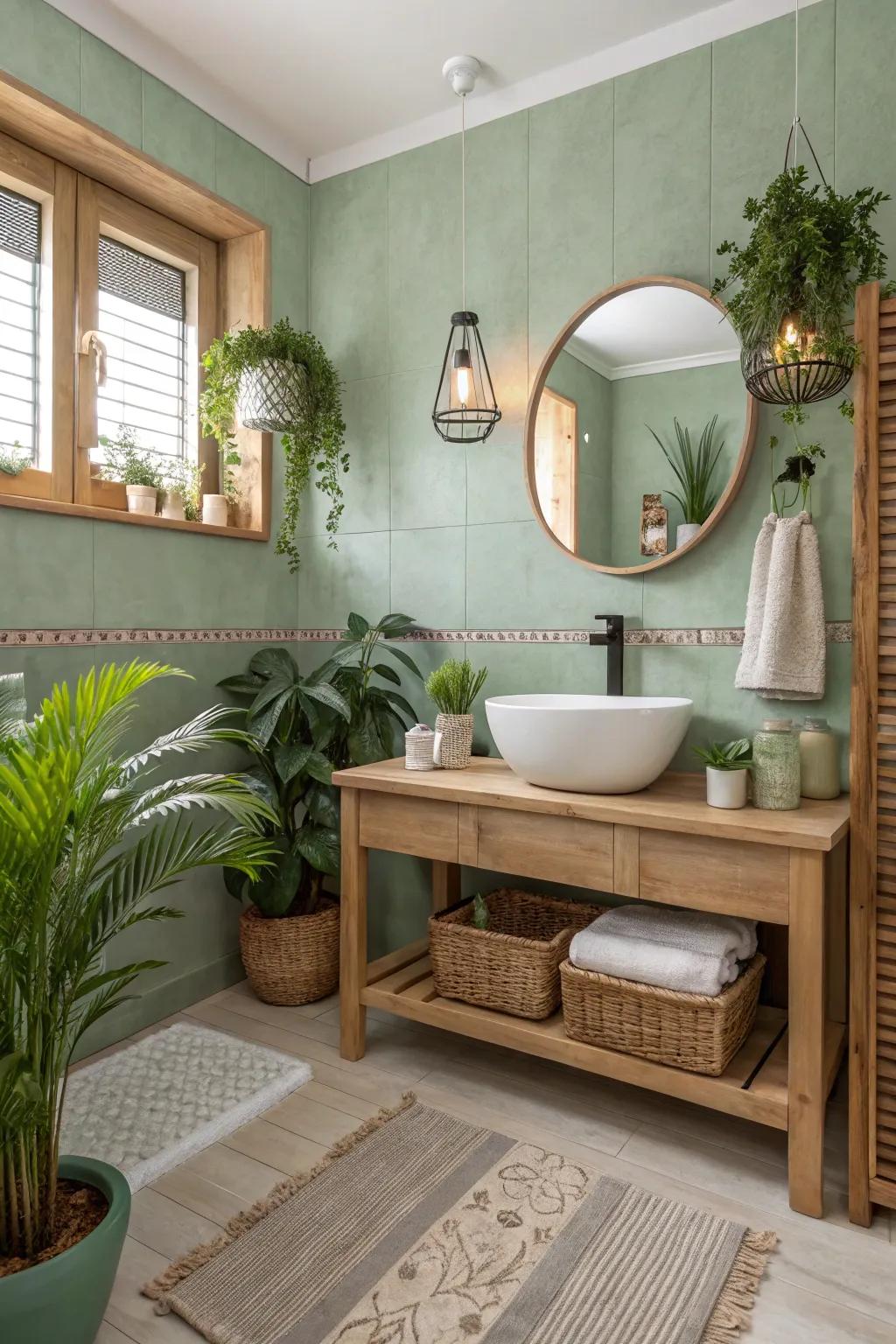 Sage green walls create a soothing and natural bathroom environment.