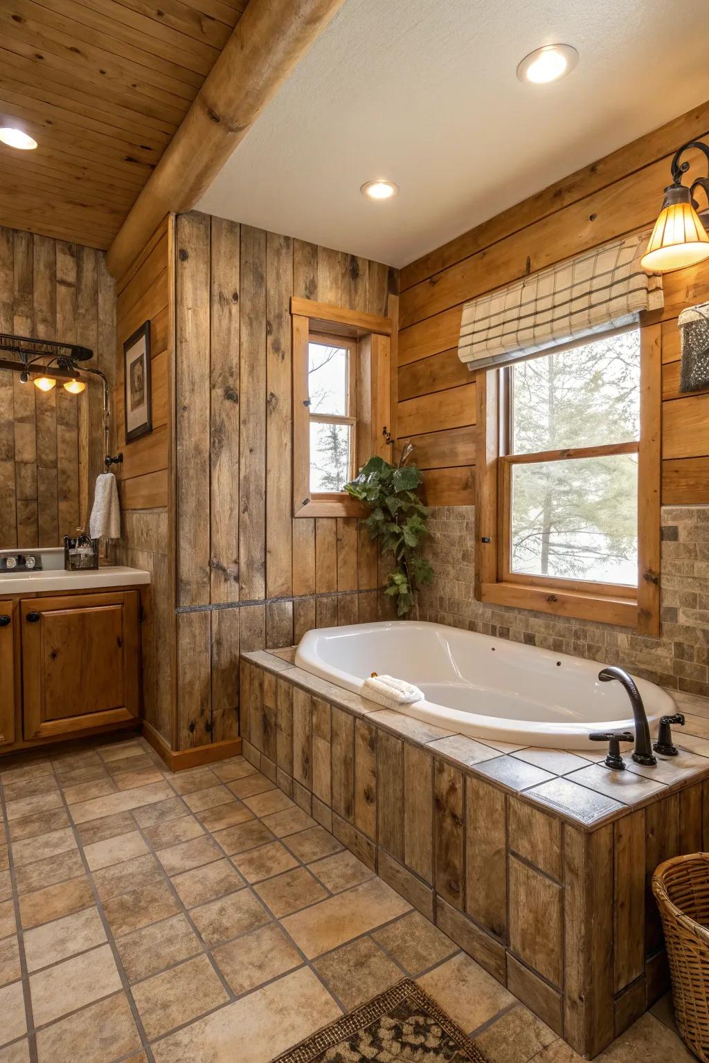 Embrace rustic charm with wood-look tiles around the tub.