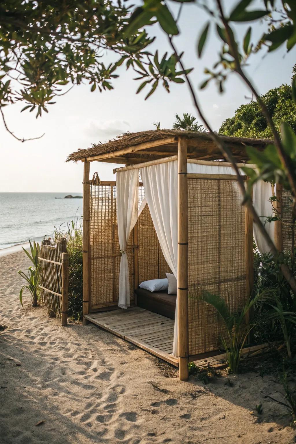 Bamboo screens provide privacy and a tropical feel to the beach shed area.