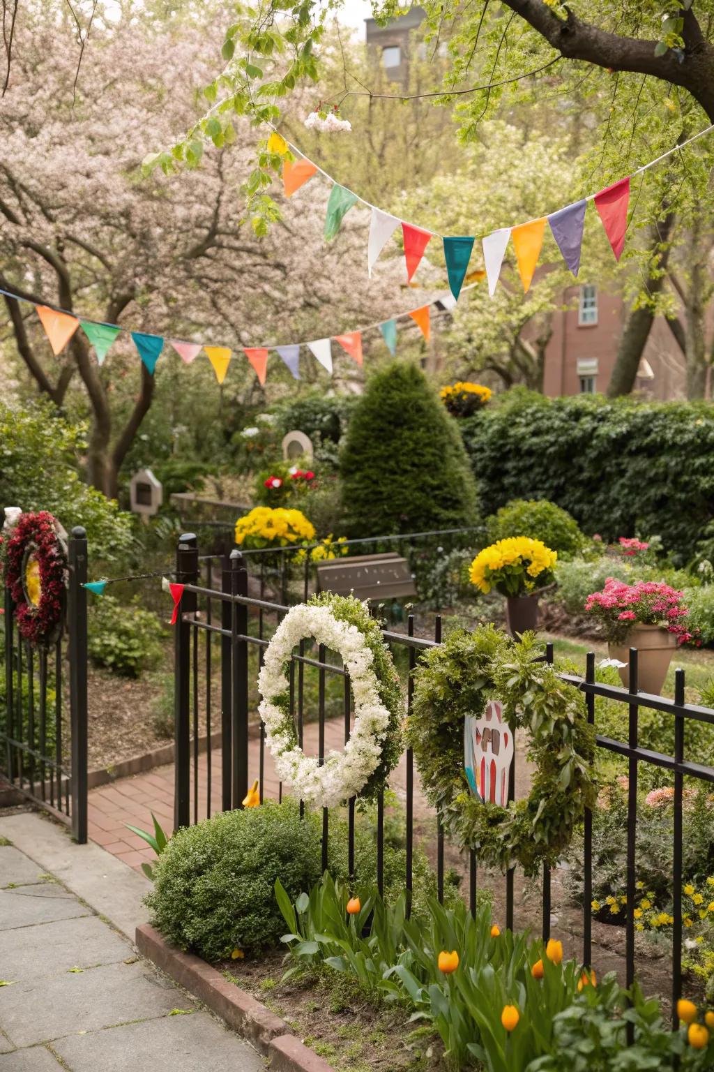 A garden adorned with festive spring-themed flags and wreaths.