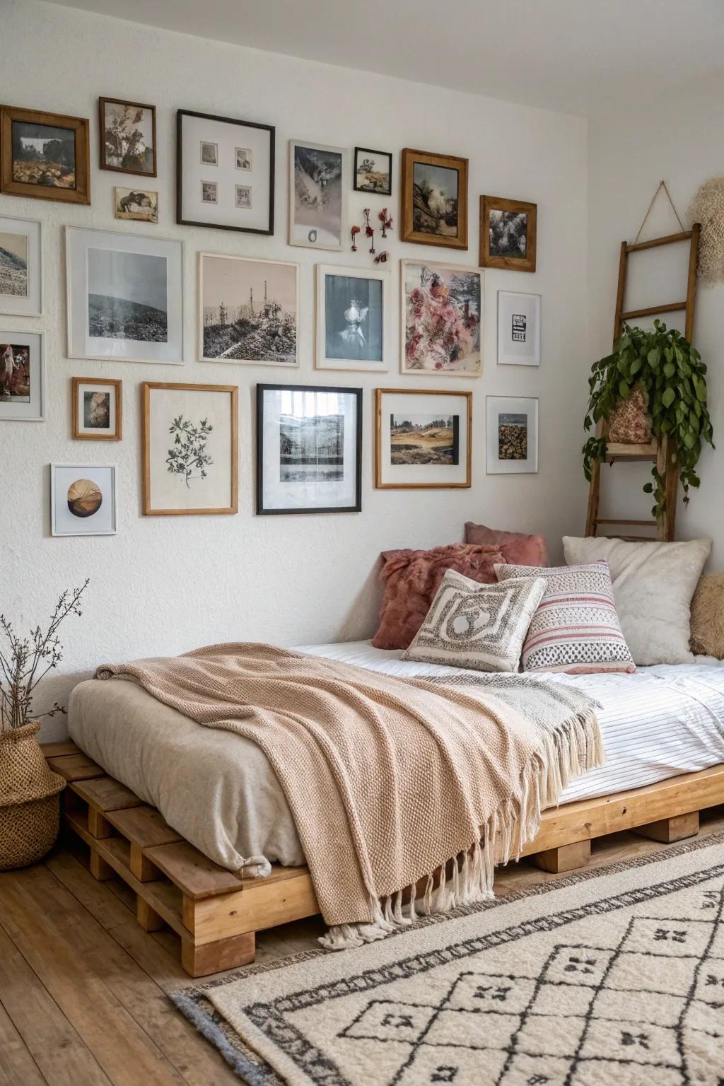 Showcase your style with a gallery wall around your floor bed.