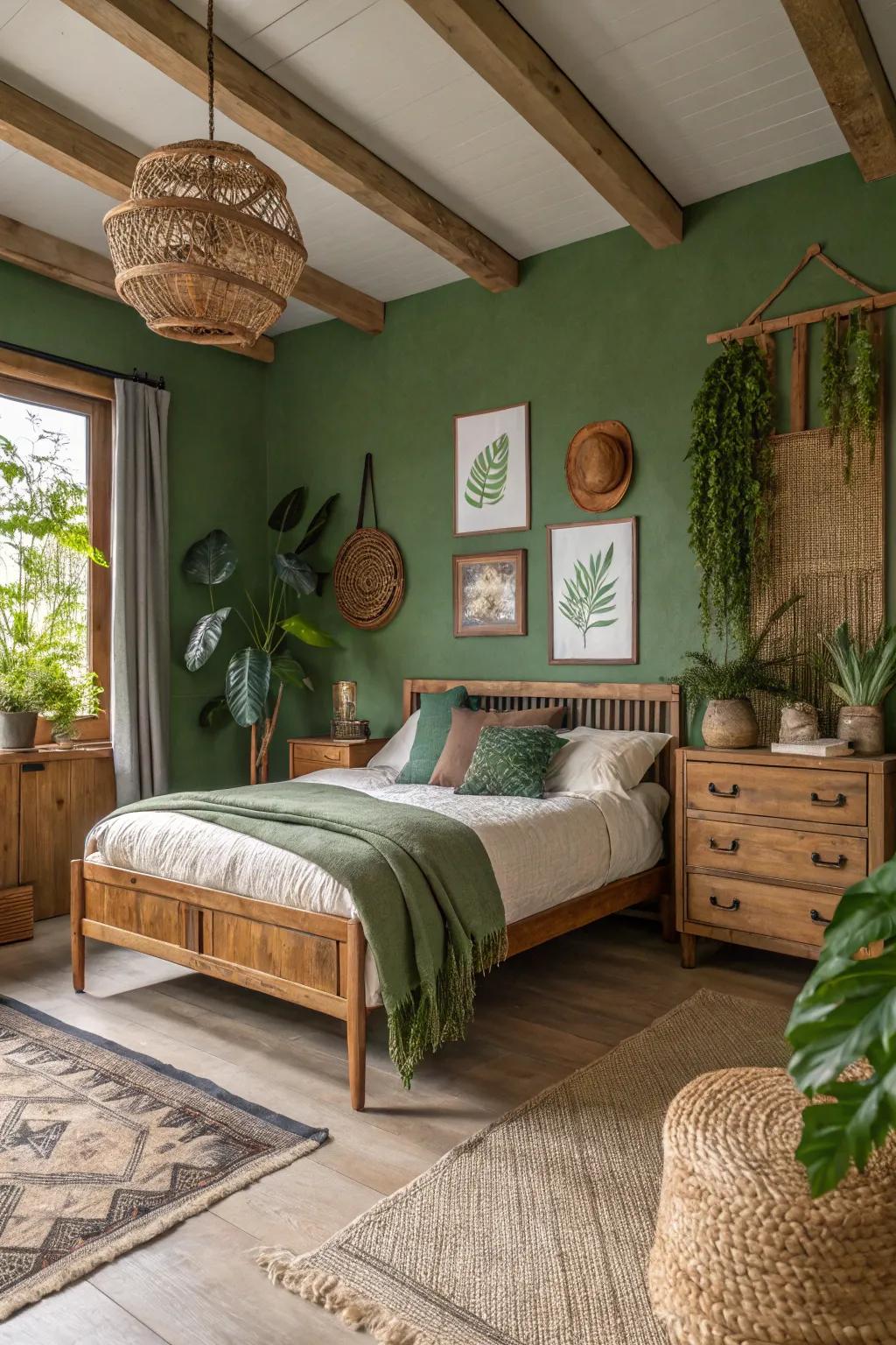 Earthy greens create a tranquil and natural bedroom ambiance.