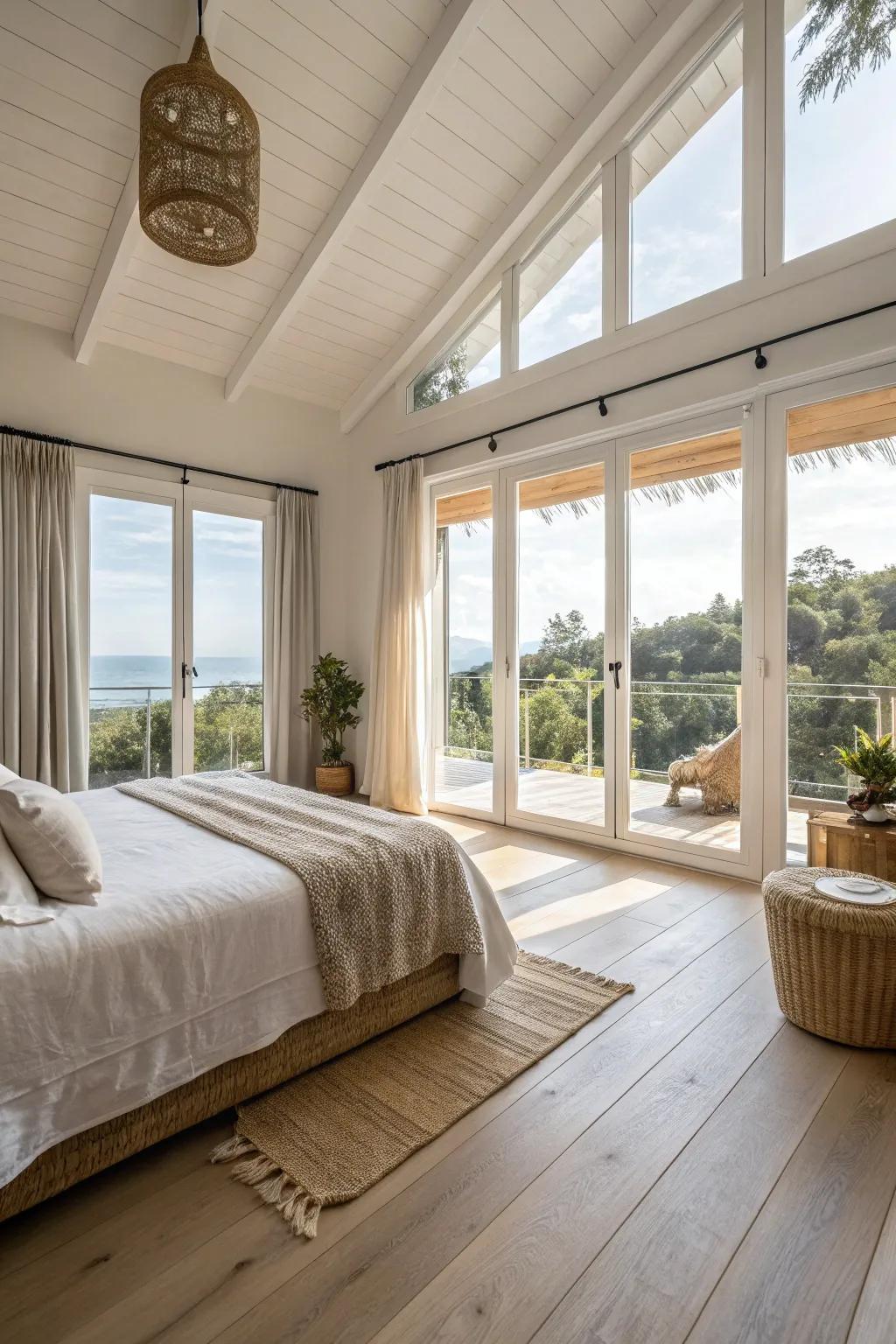 Light-colored floors create a spacious and airy bedroom feel.