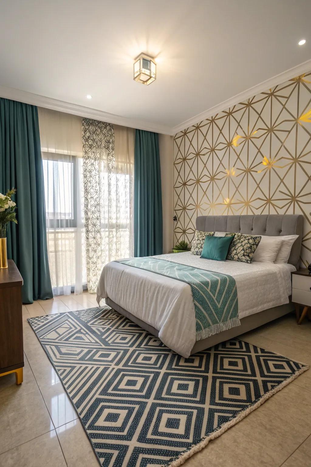 Geometric patterns add modern flair to this stylish bedroom.