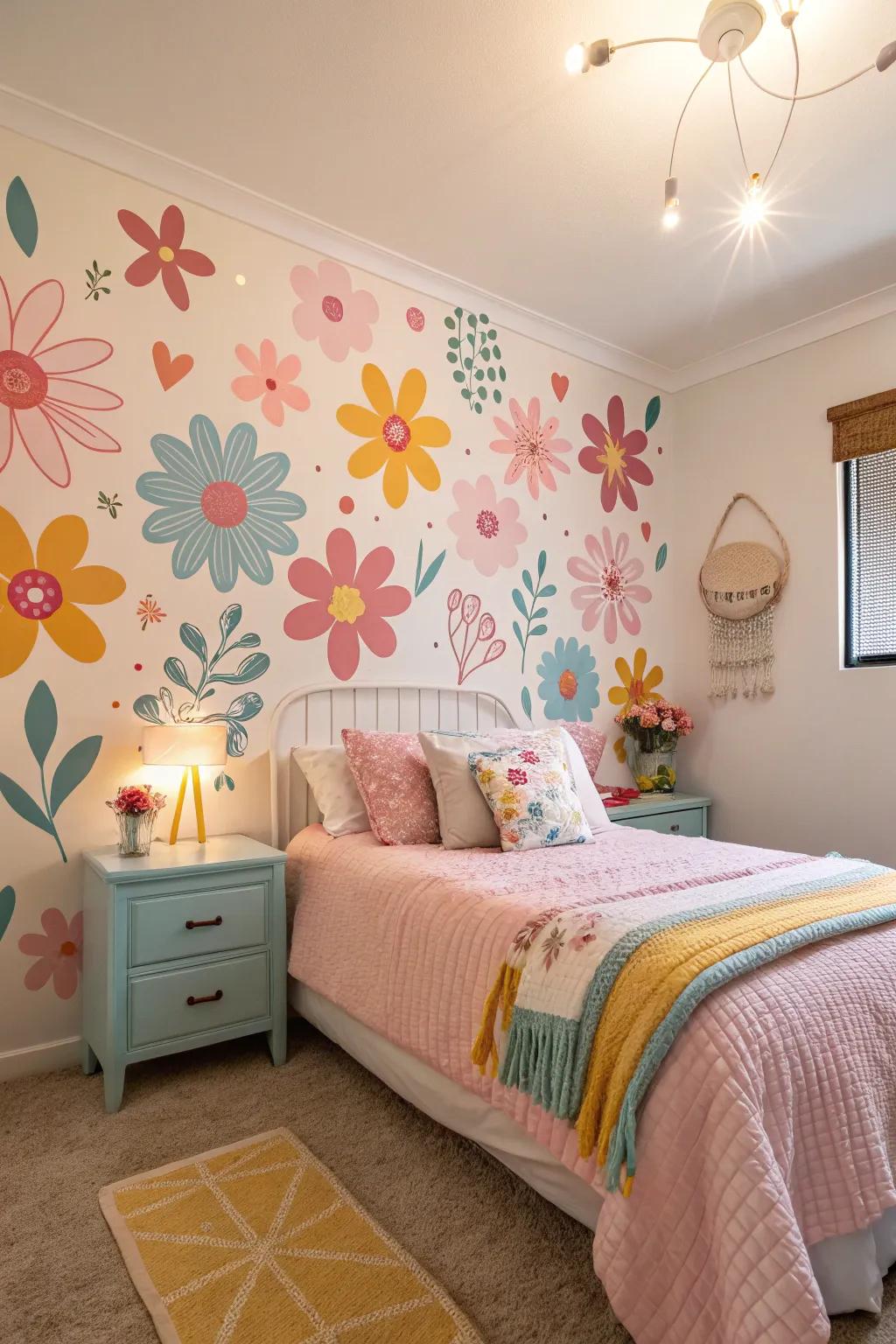 A bedroom enlivened by playful floral wall decals.