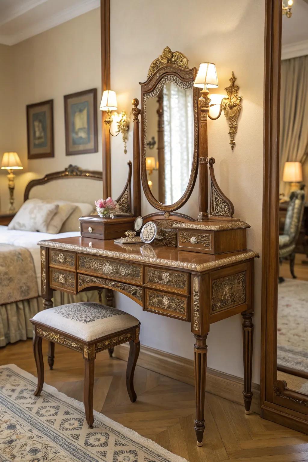 A uniquely crafted vanity with artisan details.