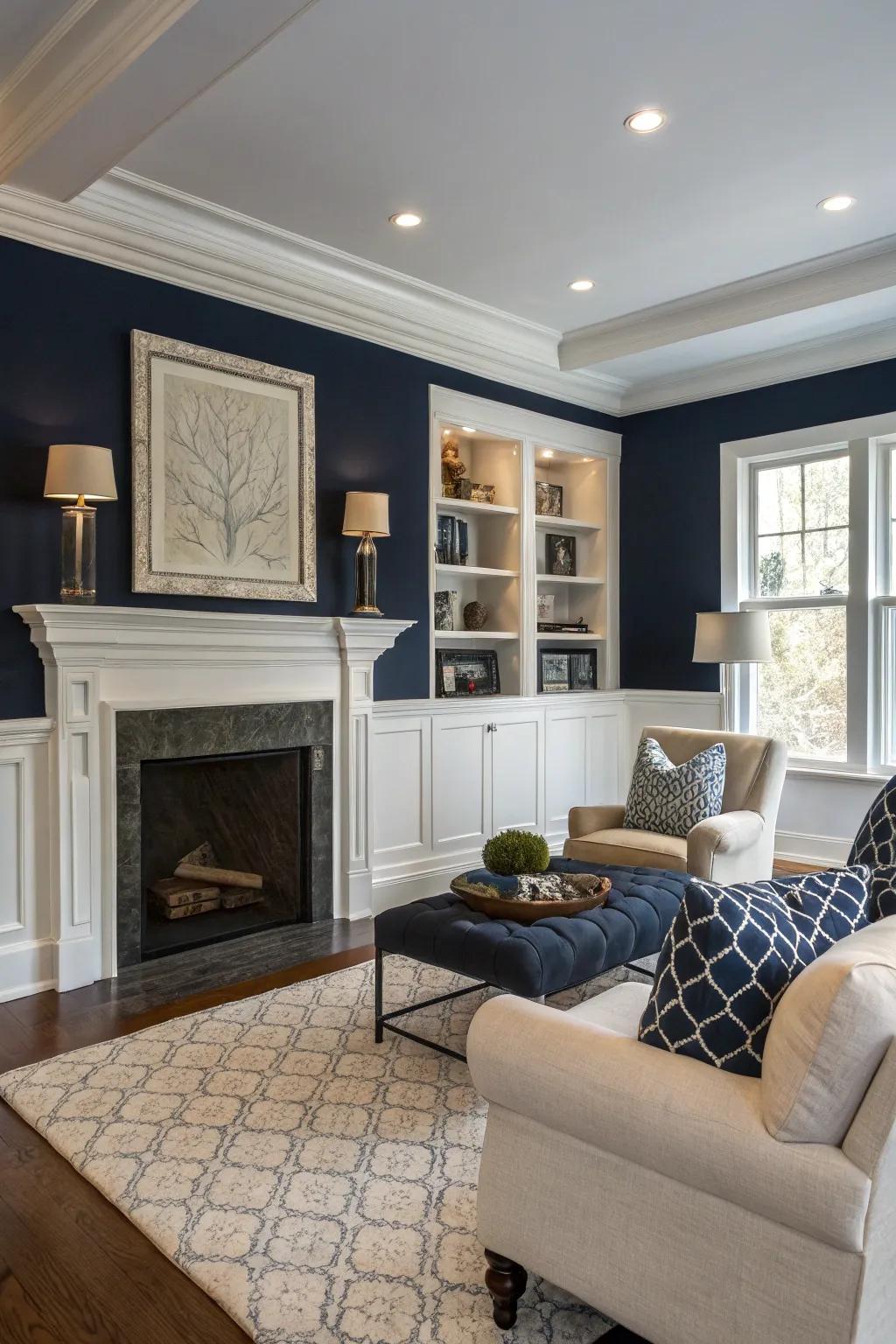 Navy walls offer timeless elegance and sophistication.