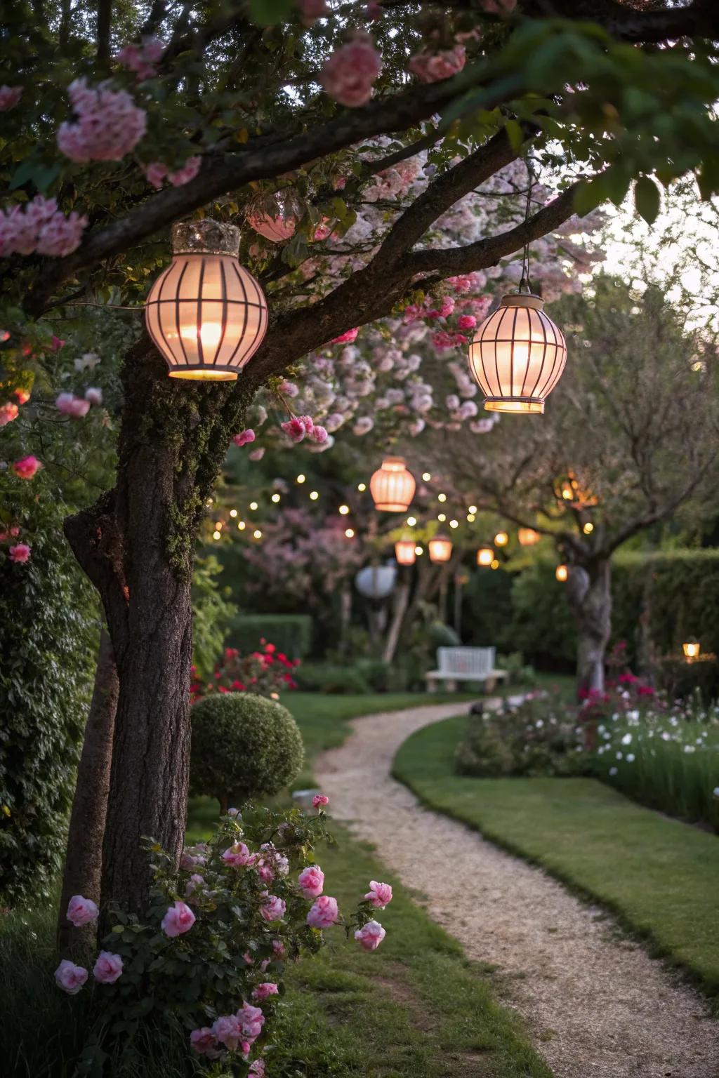 Garden lanterns enhance outdoor romance.