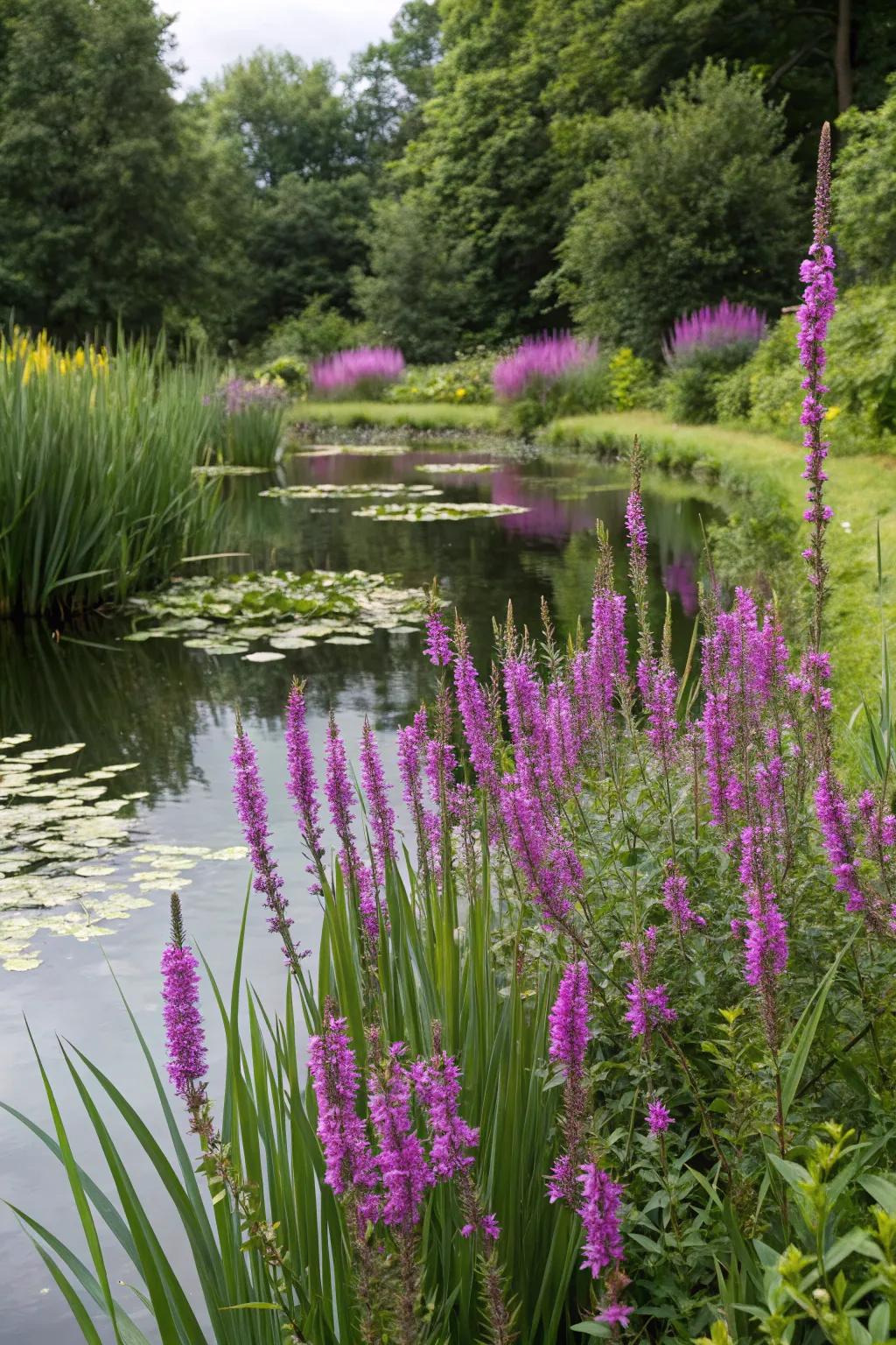 Purple Thalia adds a dramatic and sculptural element to your pond.