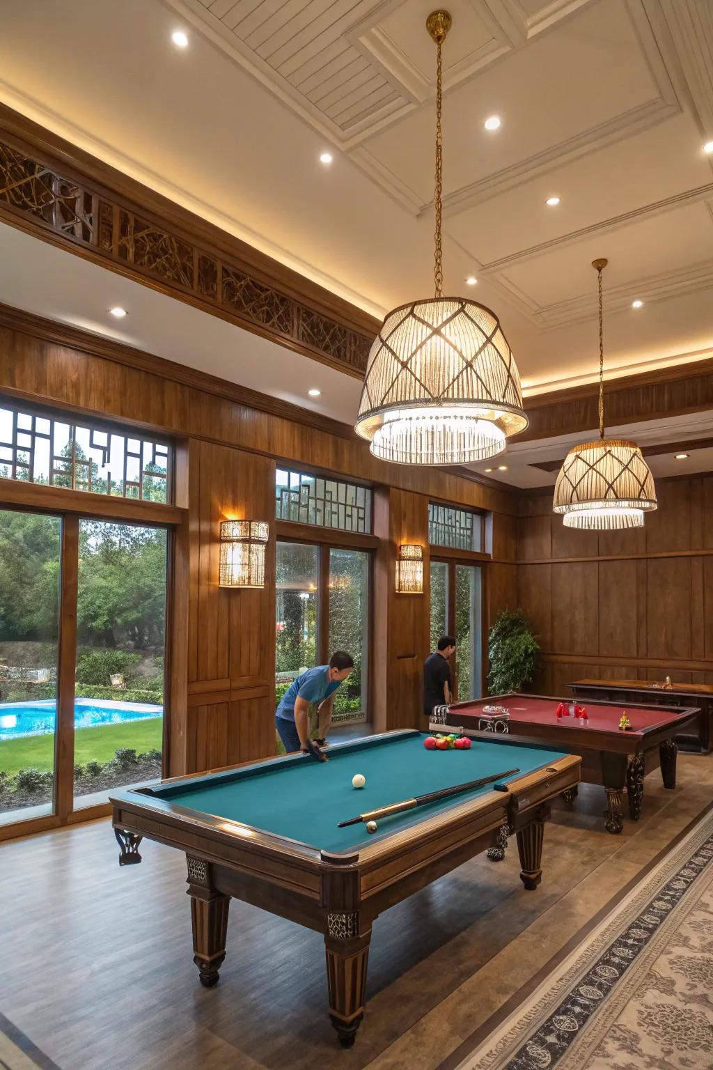 Smart technology like integrated sound systems in a modern billiard room.