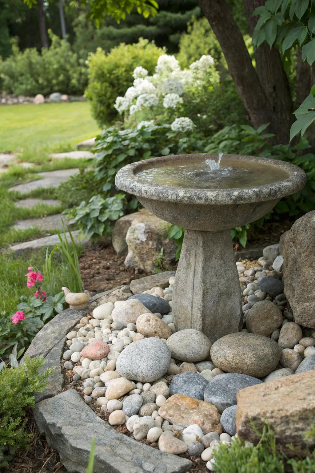 A granite bird bath set among natural rocks, offering a classic and enduring garden feature.