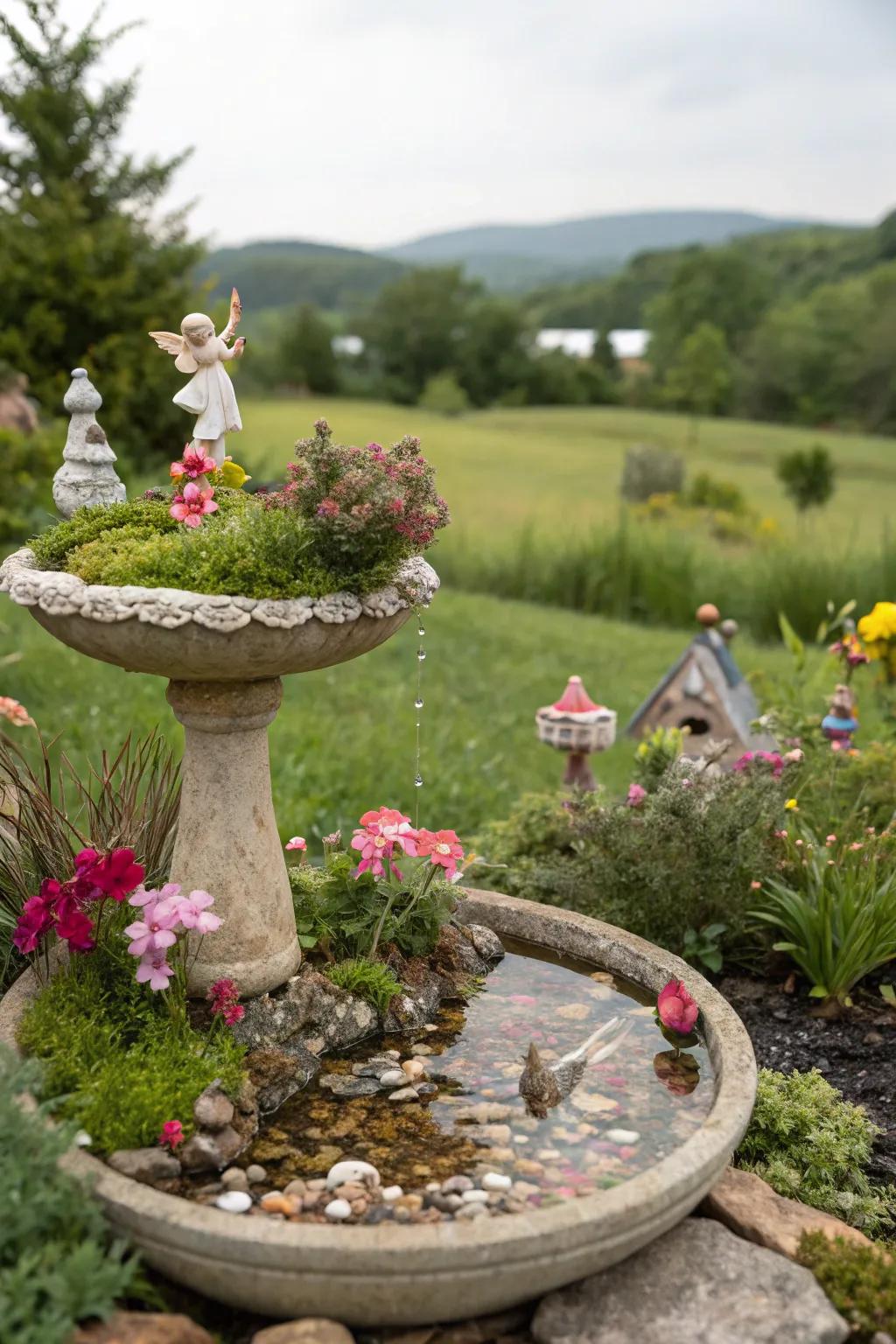 A whimsical bird bath nestled in a delightful fairy garden.