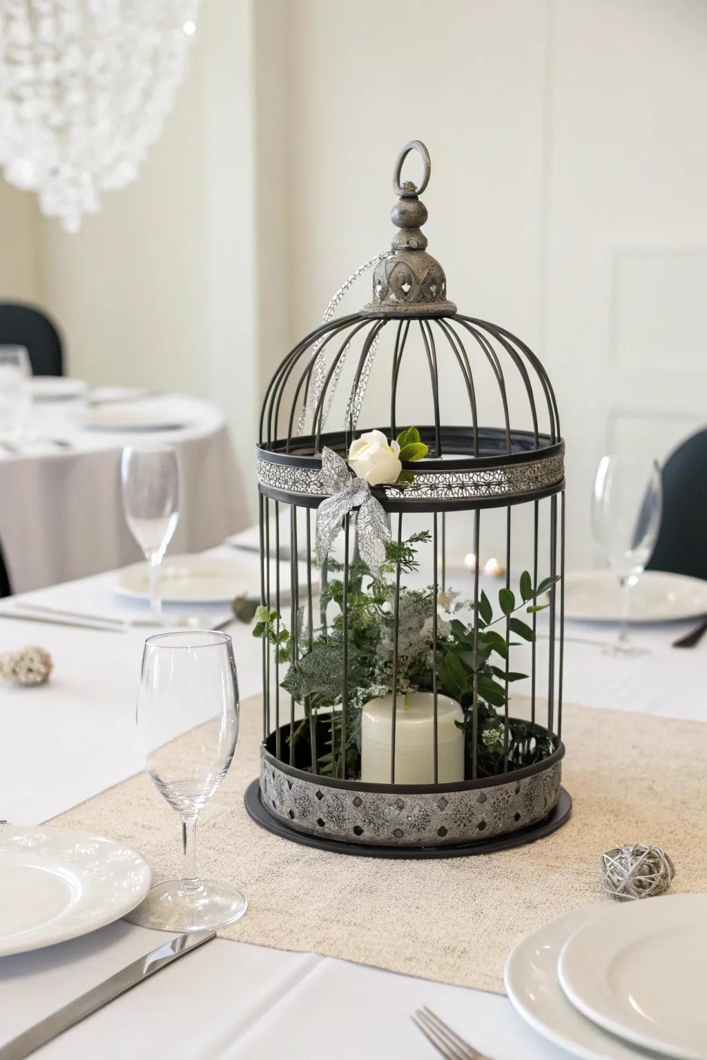 A bold and modern bird cage centerpiece with sleek design.