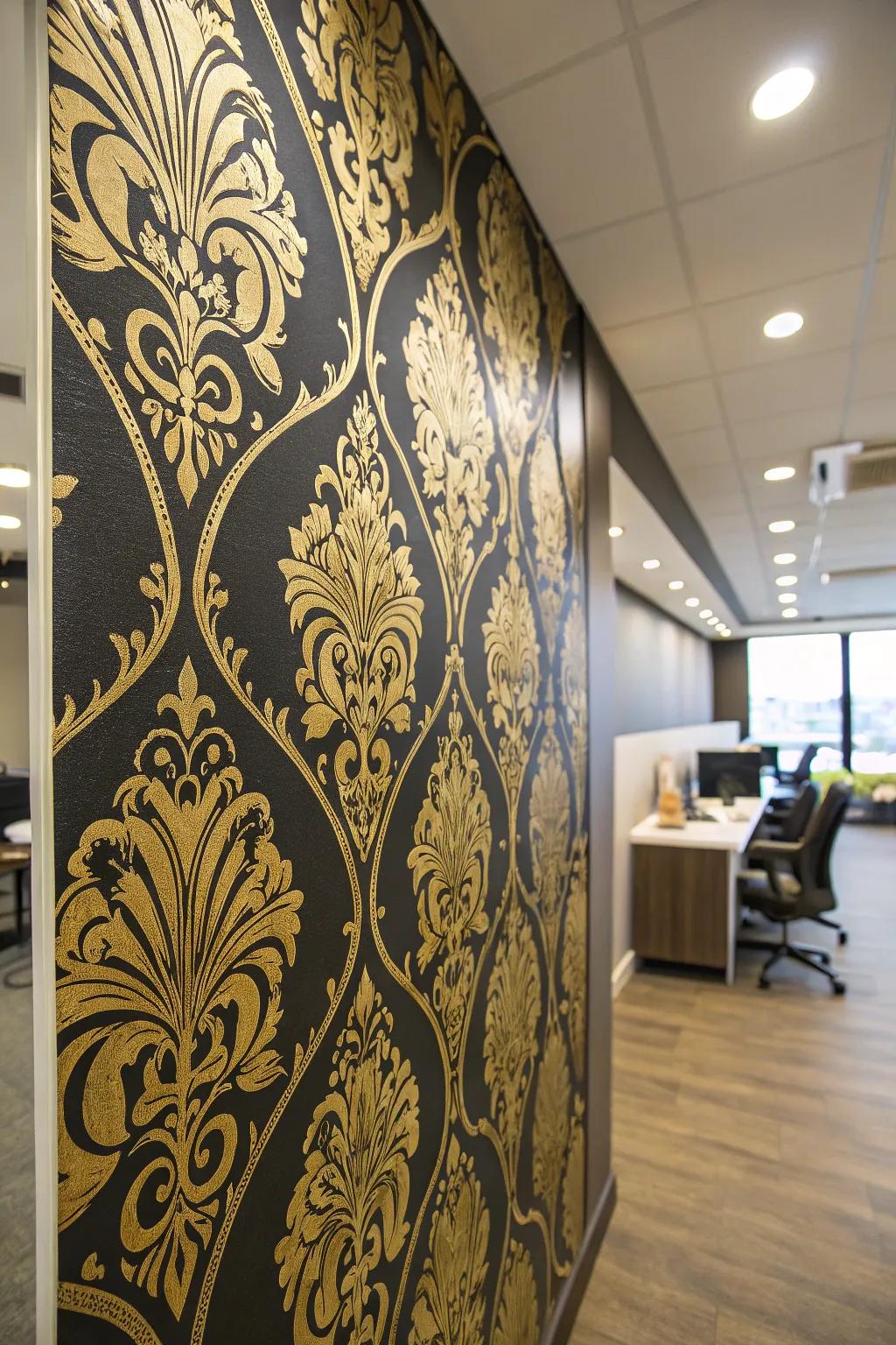 Black and gold wallpaper makes a bold statement in your office.