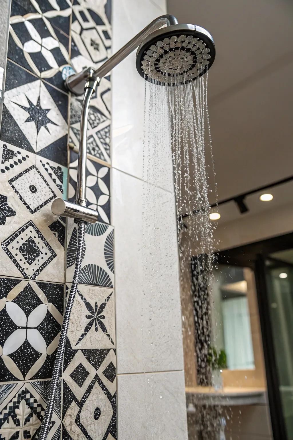 Artistic mosaics transform the shower into a centerpiece.