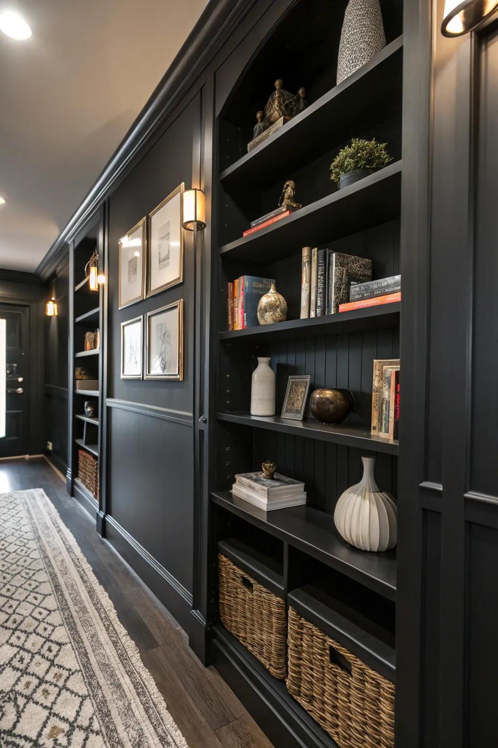 Strategic shelving adds both function and style to a black hallway.