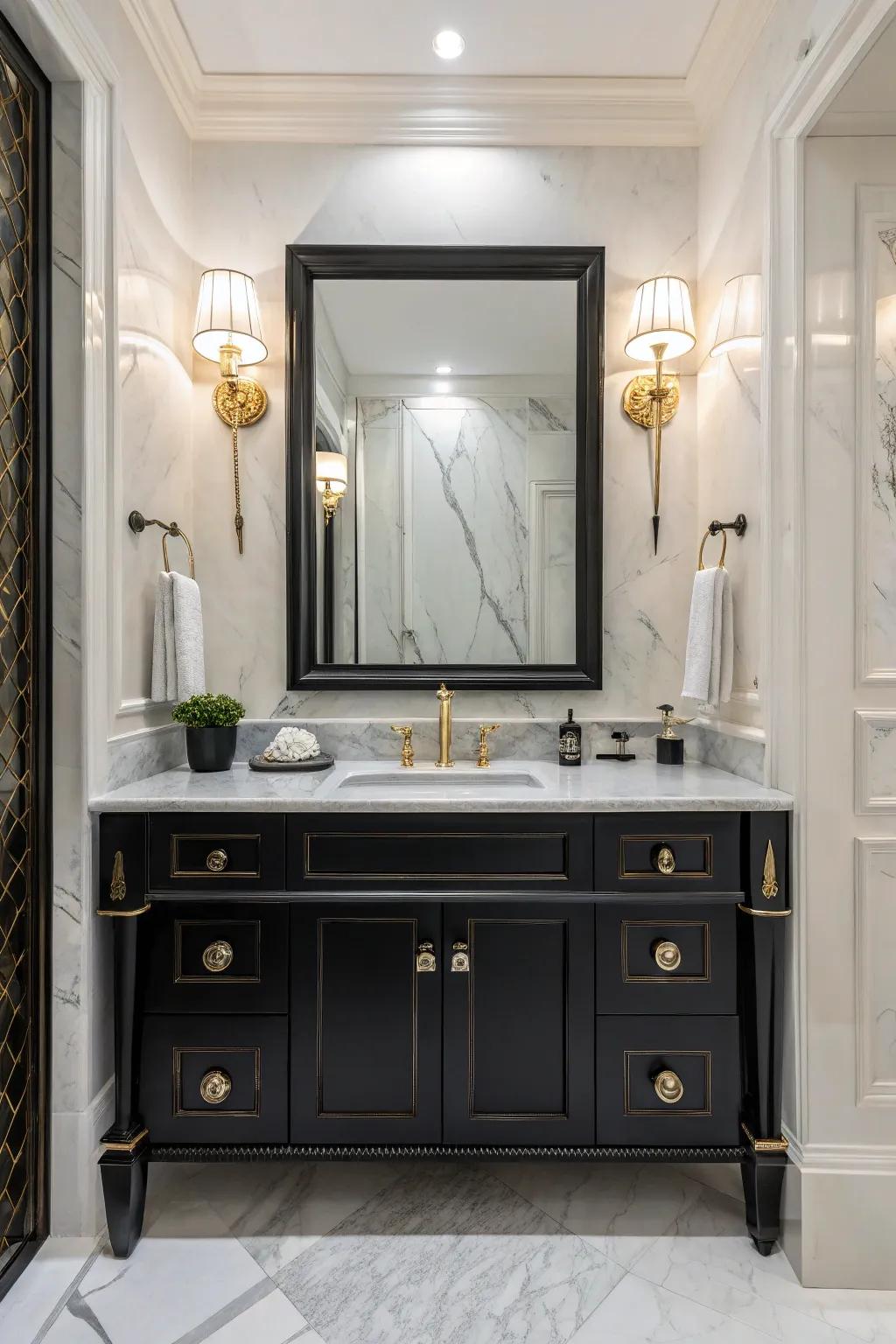 Marble accents paired with a black vanity create an atmosphere of opulence.