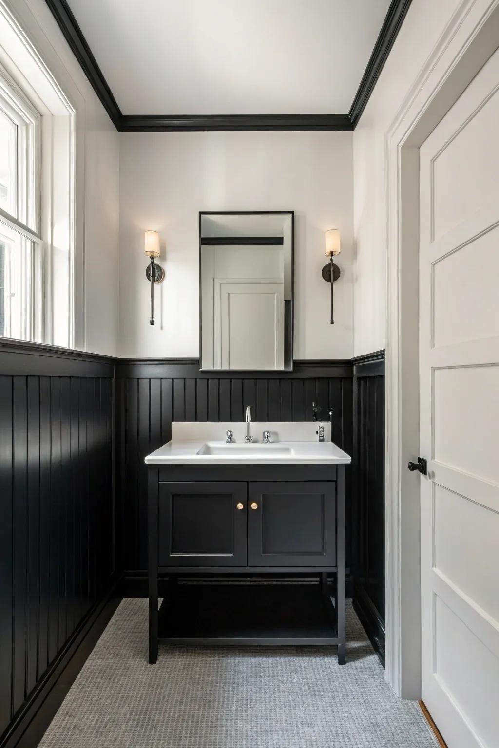Modern minimalist bathroom with sleek black wainscoting.