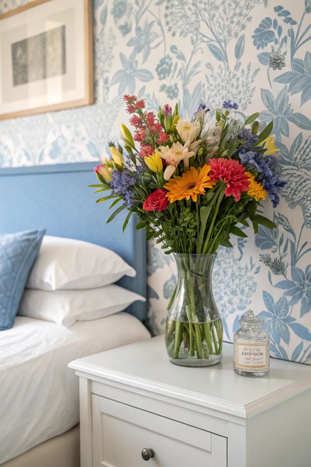 Fresh flowers add a simple yet elegant touch to a bedroom.