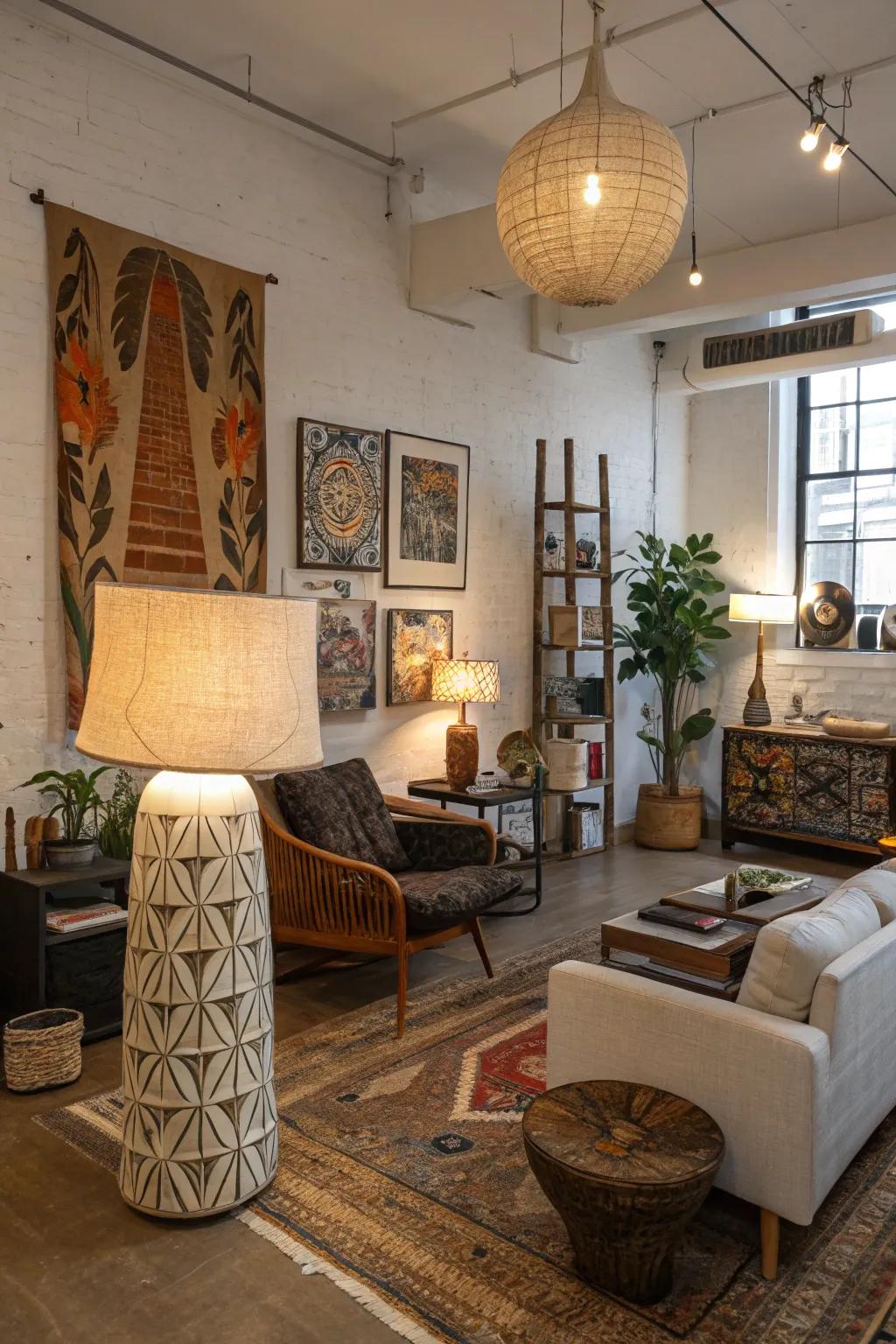 Functional art pieces add depth and practicality to your boho loft.