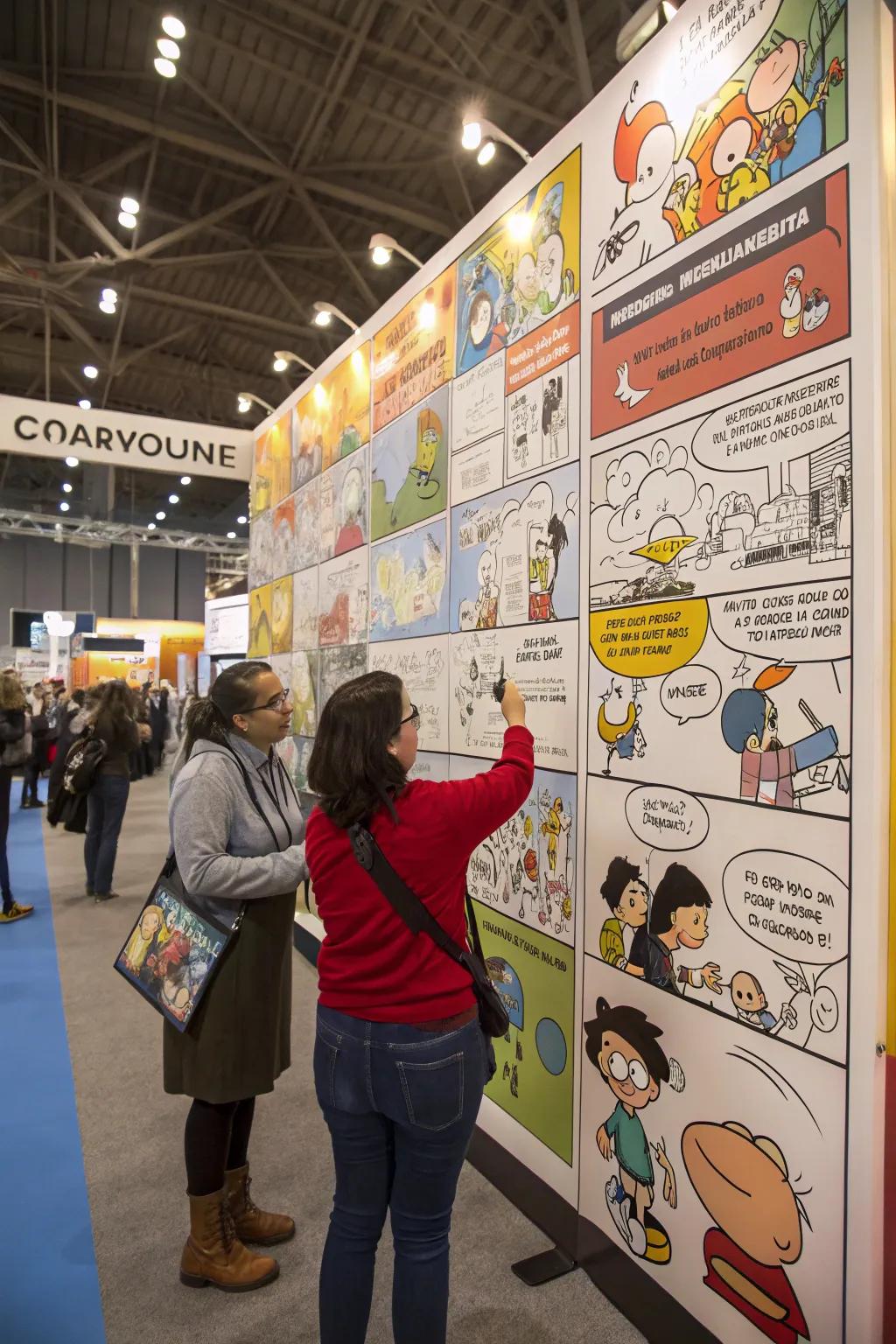 A giant comic strip mural invites creativity at the book fair.