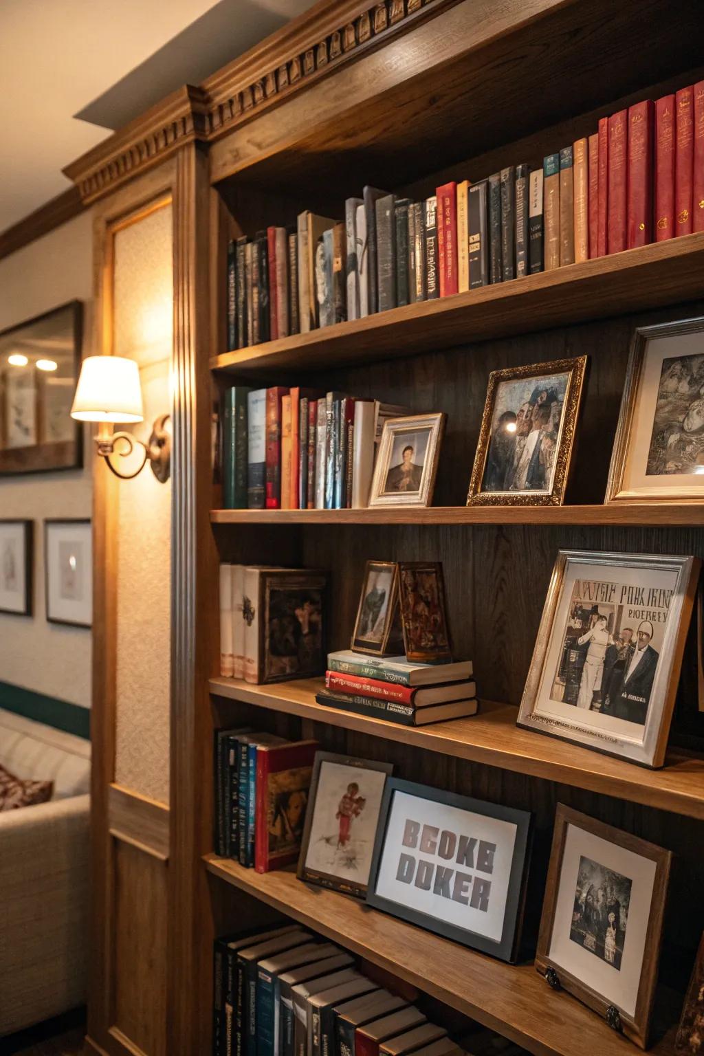 Personal touches add warmth to your bookshelf.