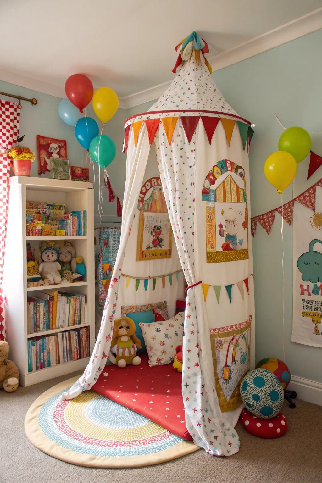 Roll up for a night of fun with this circus-themed canopy bed.