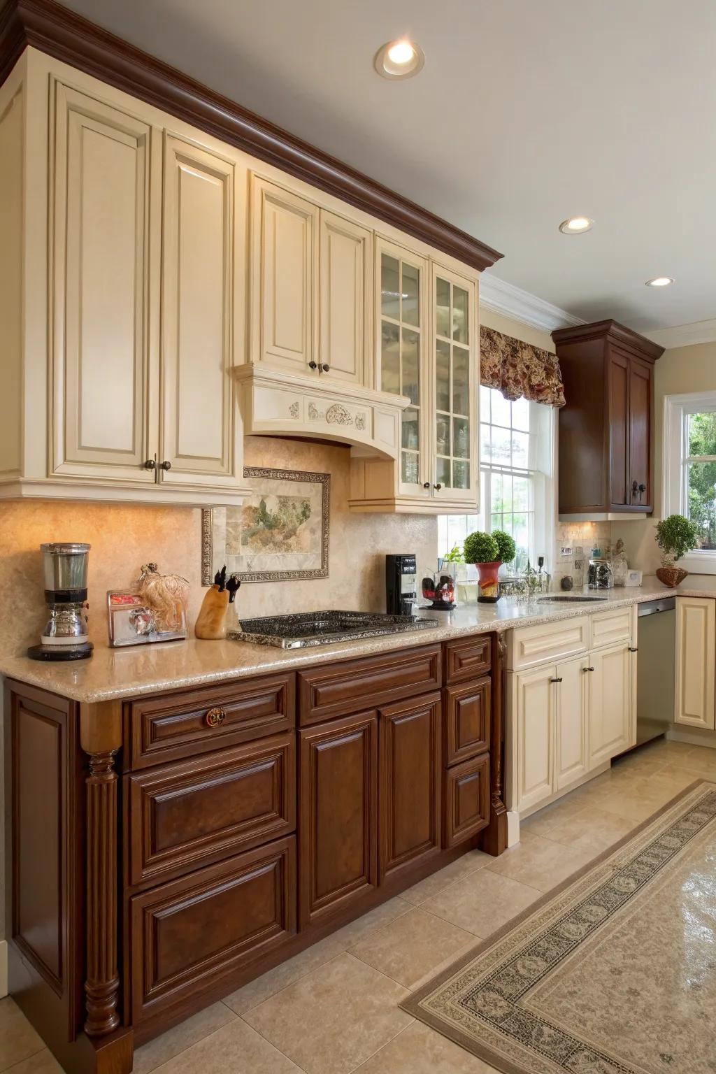 Two-toned cabinetry adds visual interest and depth.