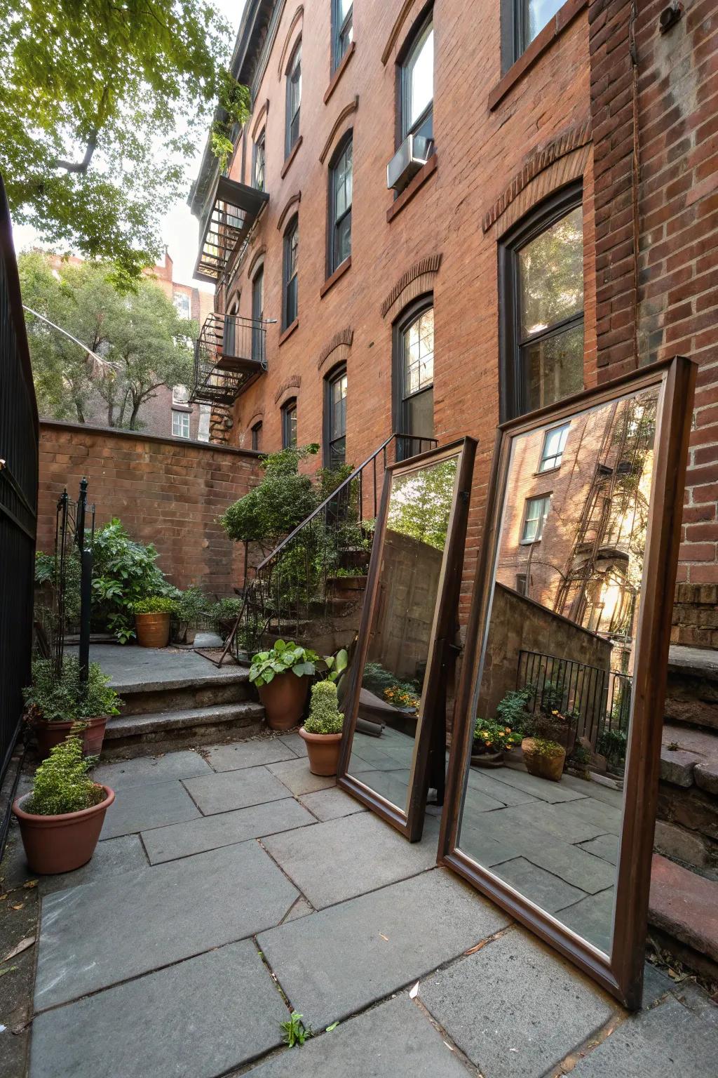 Mirrors in the backyard create an illusion of depth and openness.