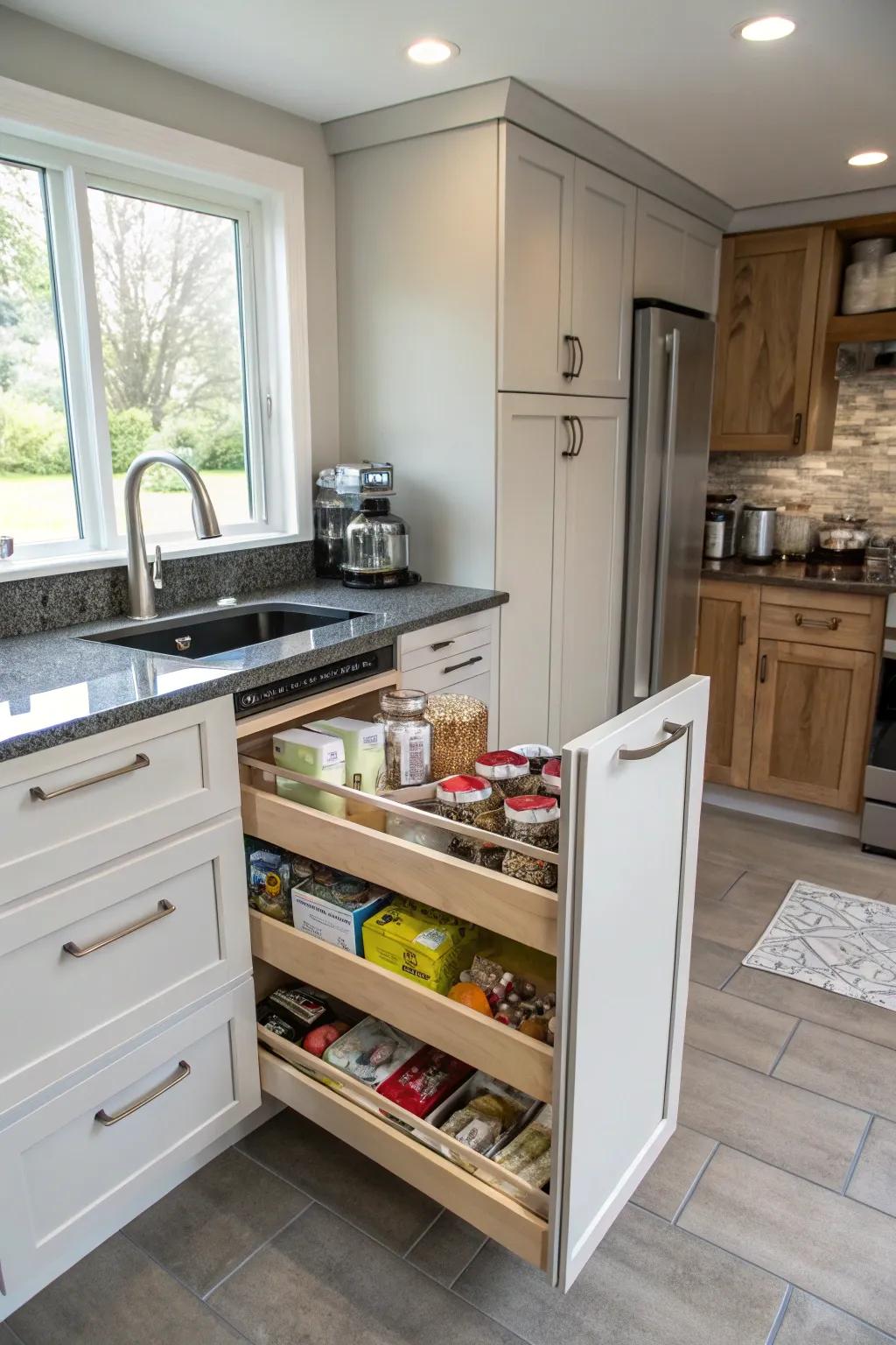 Clever storage solutions enhance functionality in this kitchen.