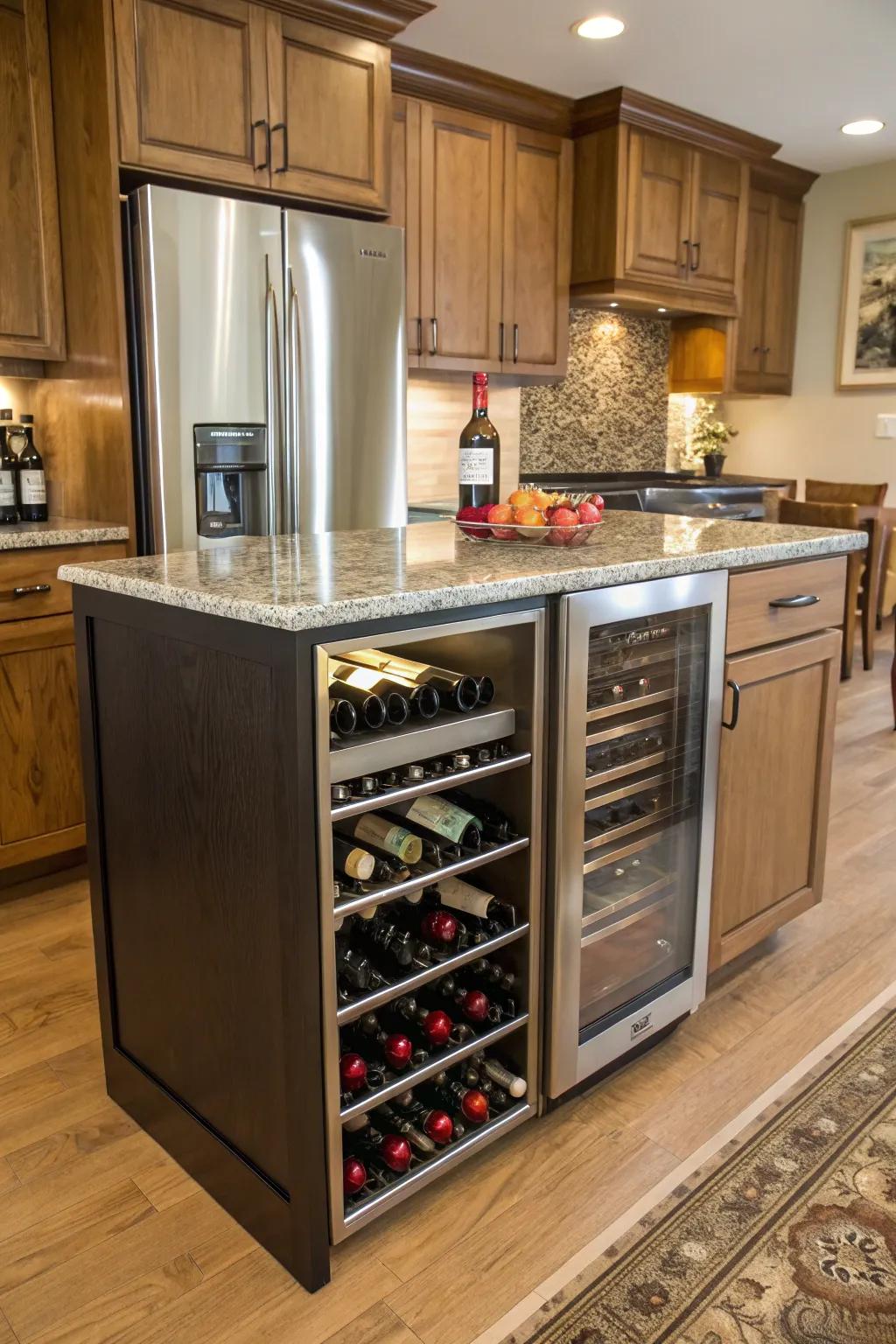 A kitchen island that doubles as a stylish wine storage solution.