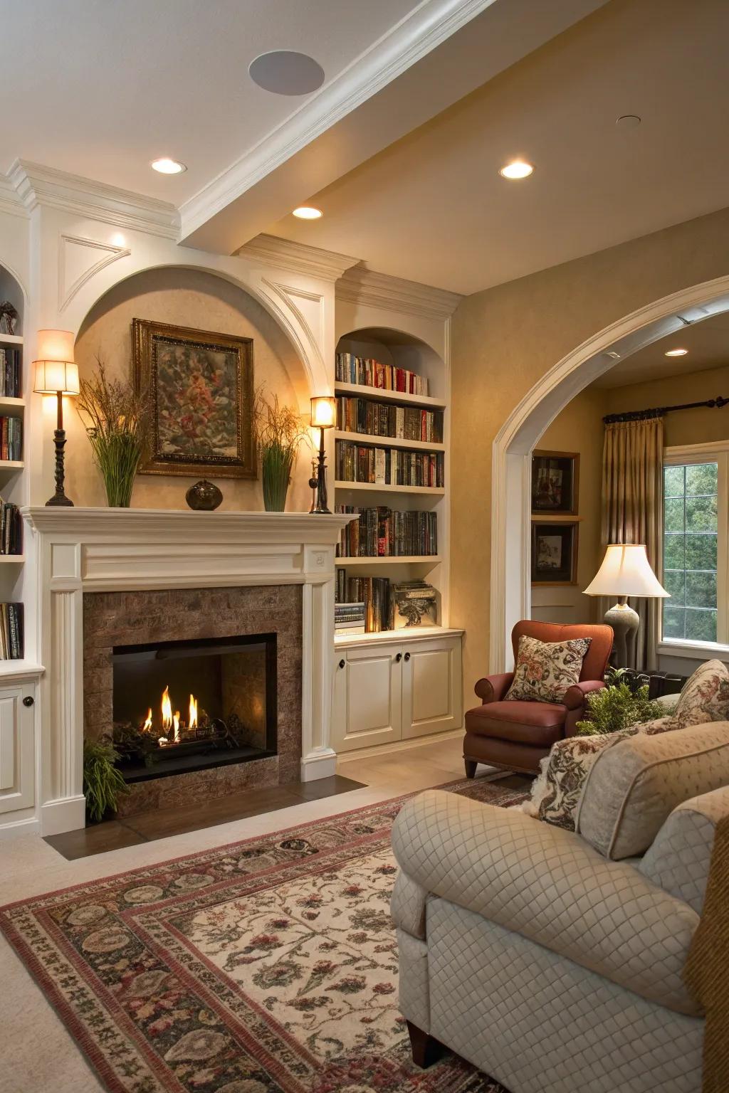 Arched designs add elegance and softness to fireplace built-ins.