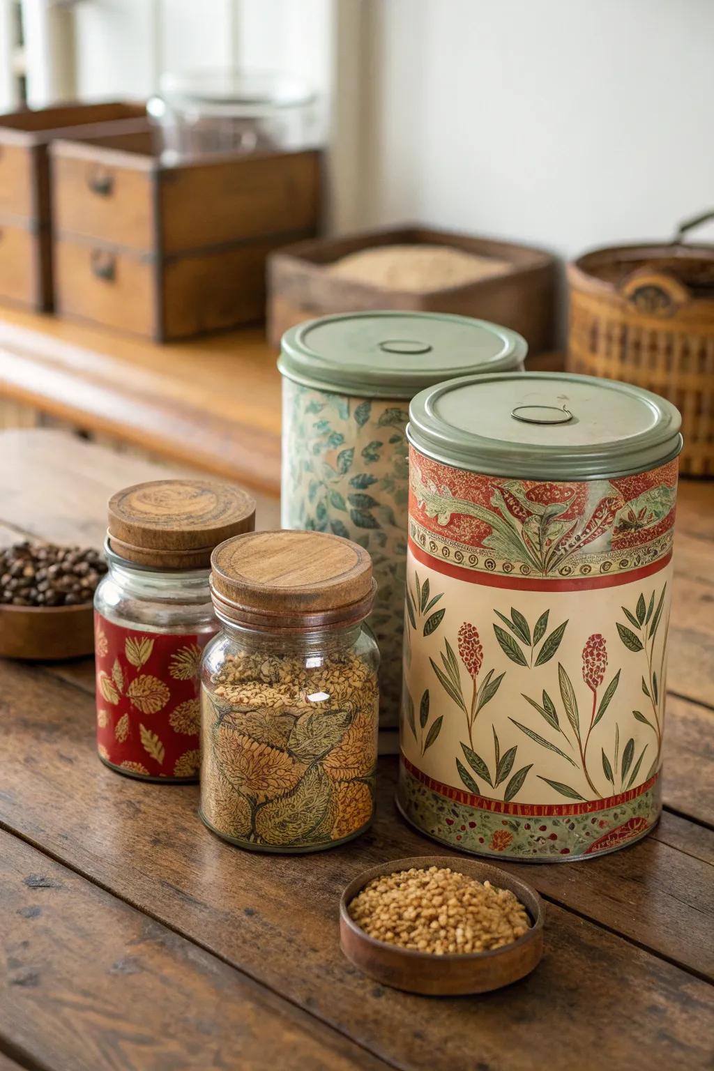 Vintage containers bring a nostalgic touch to storage.