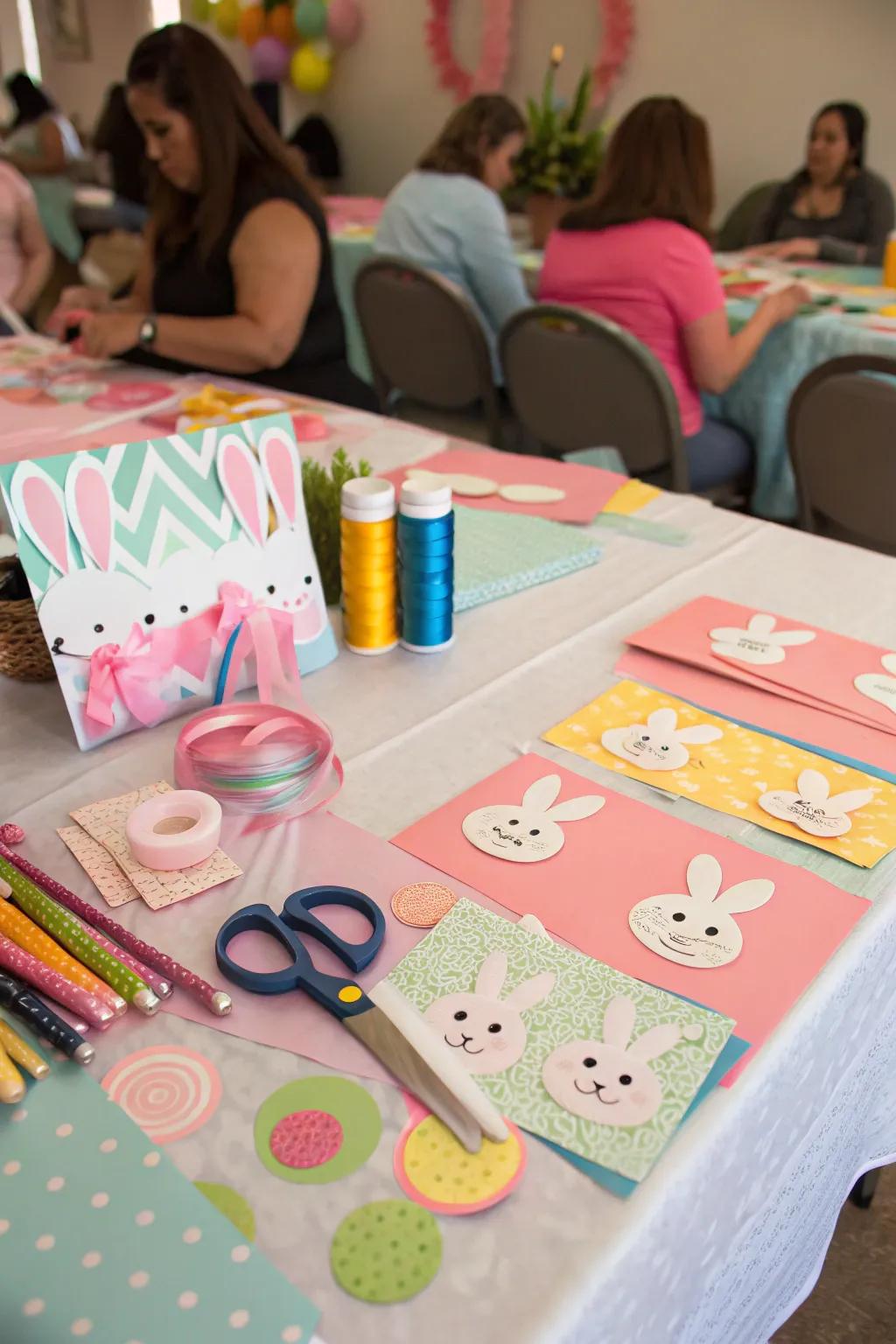 A creative DIY craft station for guests to make bunny-themed crafts.