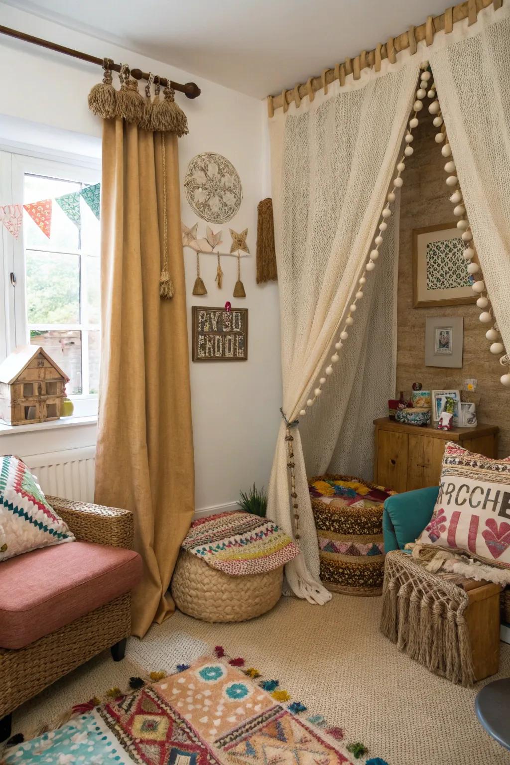 Bohemian flair with tassel-trimmed burlap curtains.