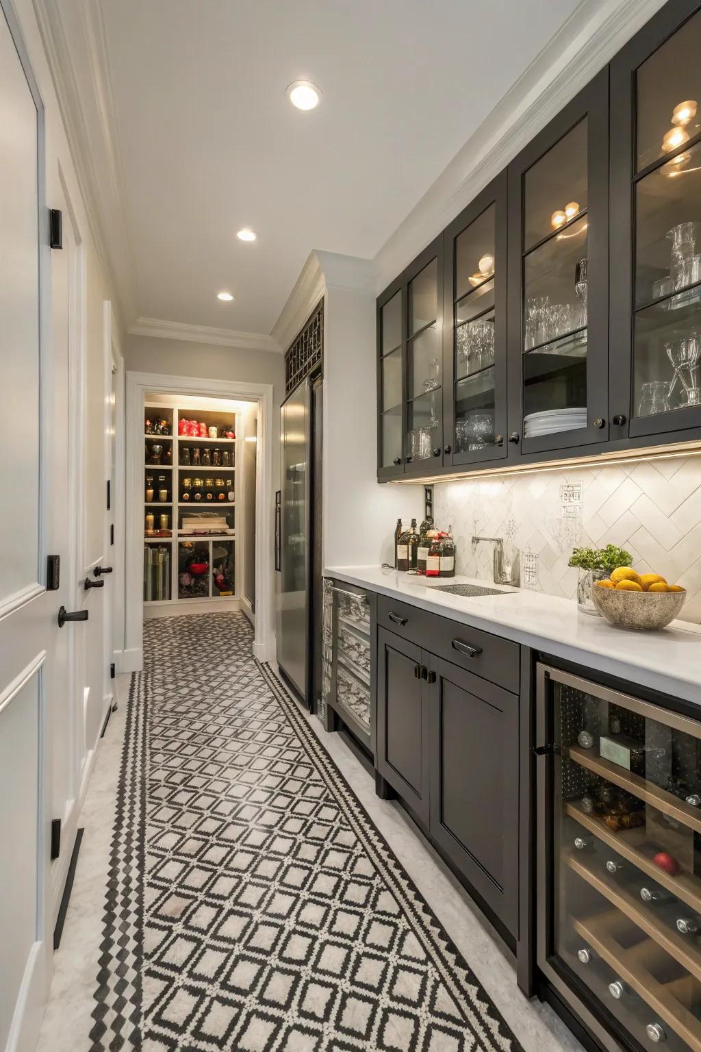 A stylish butler's pantry with bold patterned flooring for a designer touch.