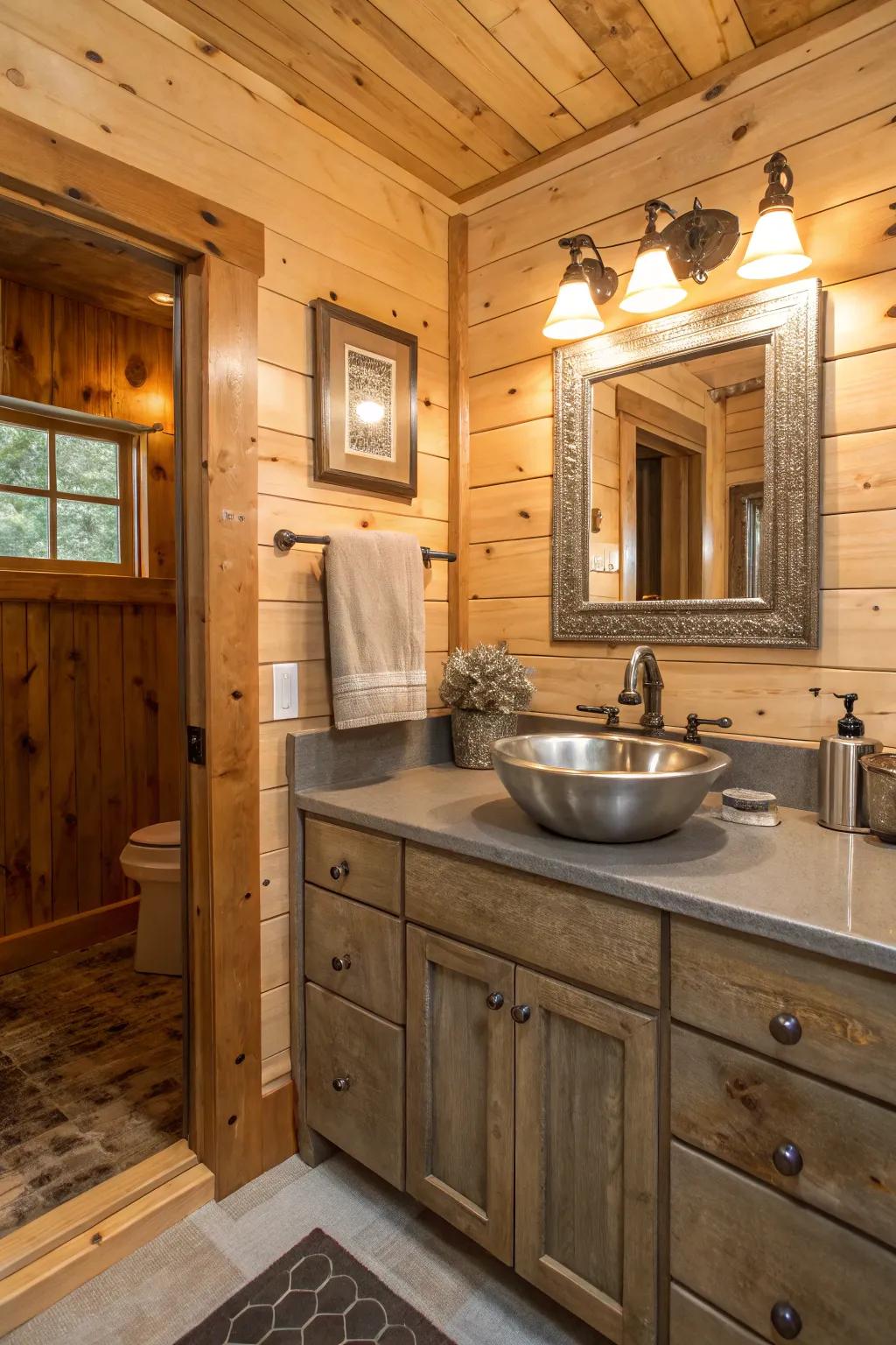 A cabin bathroom with metallic flea market finds for a touch of shine.