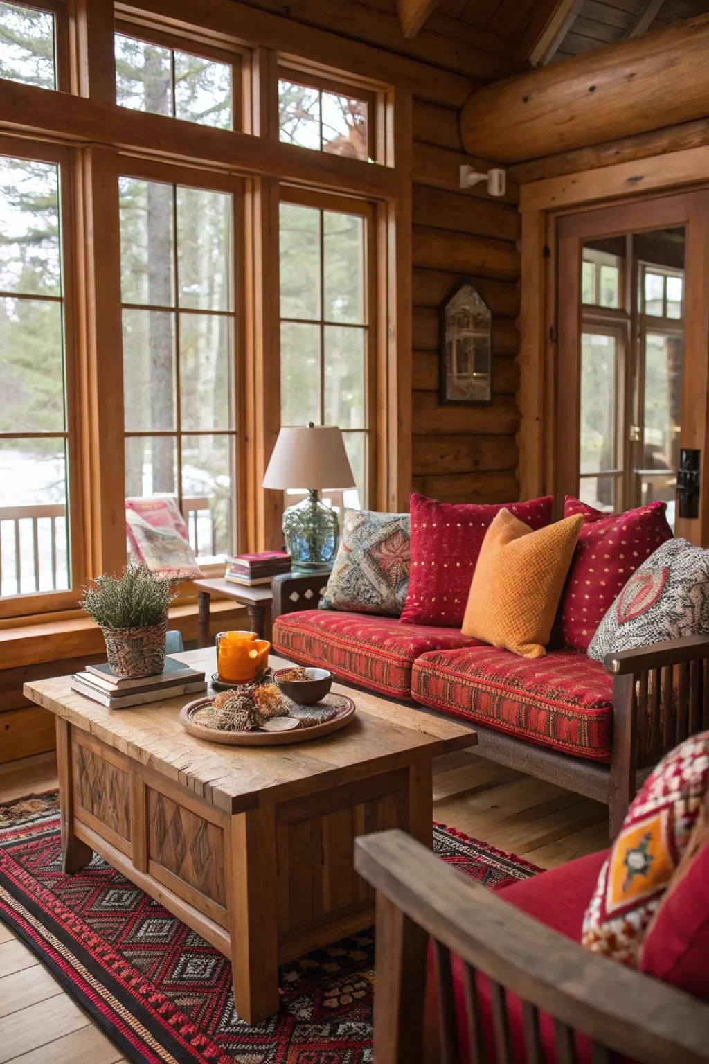 Vibrant color accents bringing life to a cabin