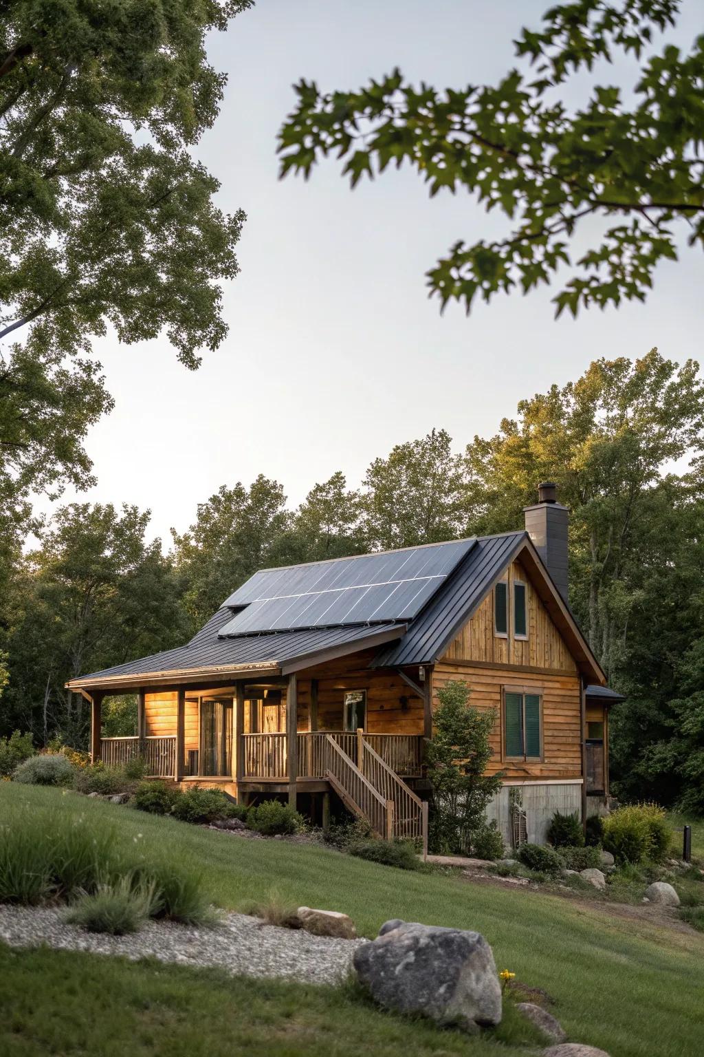 Solar panels offer an eco-friendly power solution for cabins.